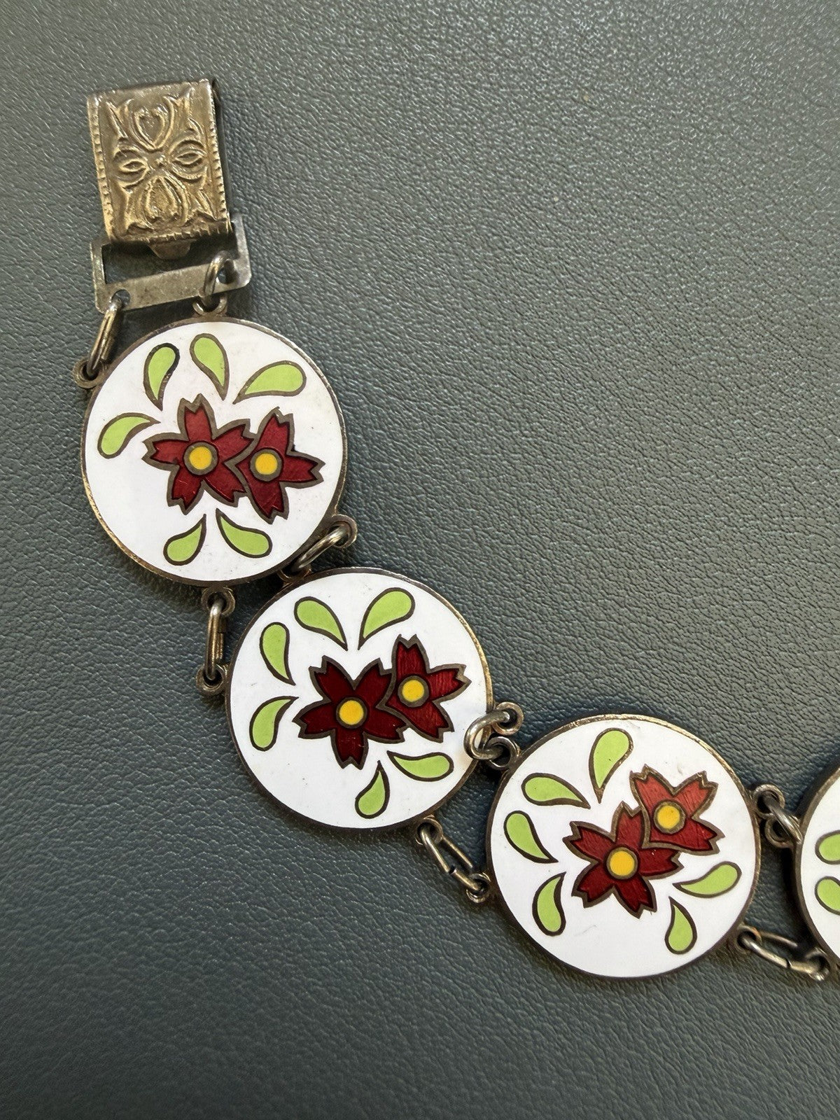 Vintage Enamel Floral Link Bracelet Round Disc Panels Multicolor Snap Closure