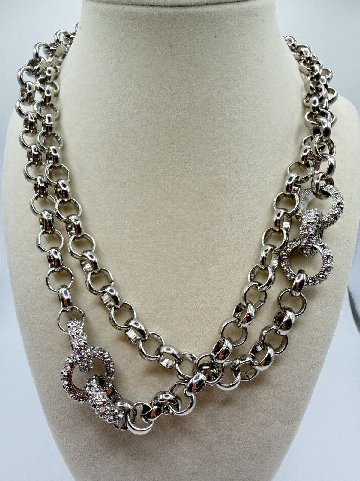 COLDWATER CREEK Chunky Silver Tone Chain Crystal Accent Long Statement Necklace