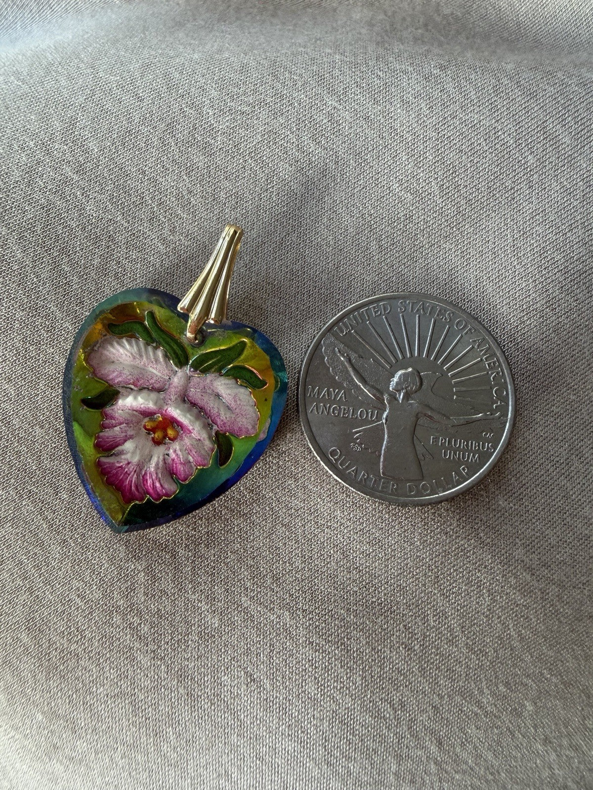 Vintage Orchid Flower Reverse Carved Glass Heart Pendant 