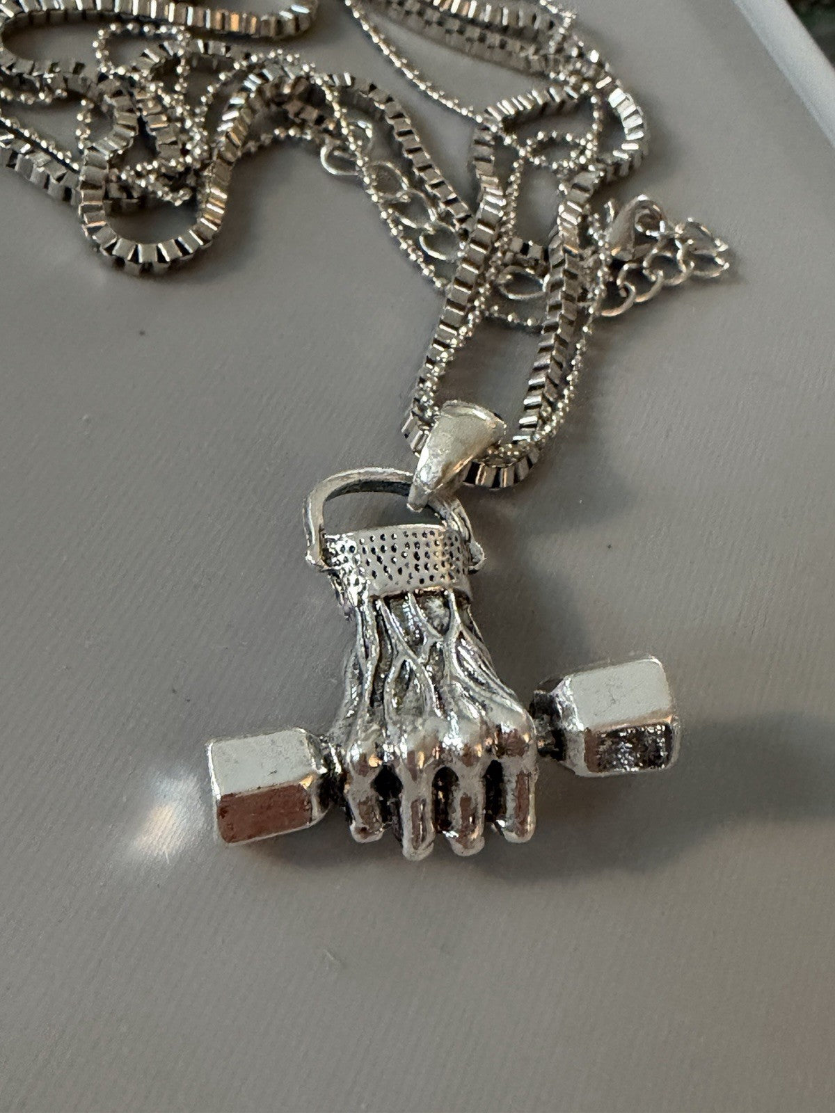 Dumbell Hand Pendant Silver Toned Weightlifting CrossFit Bodybuild