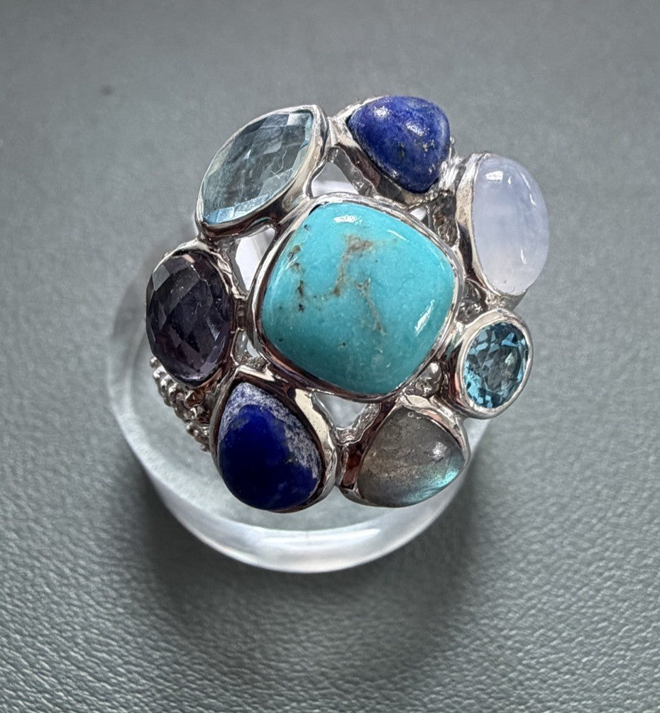 STERLING SILVER 925 NATIVE STYLE BIG TURQUOISE LAPIS MULTI GEMSTONE RING Sz8