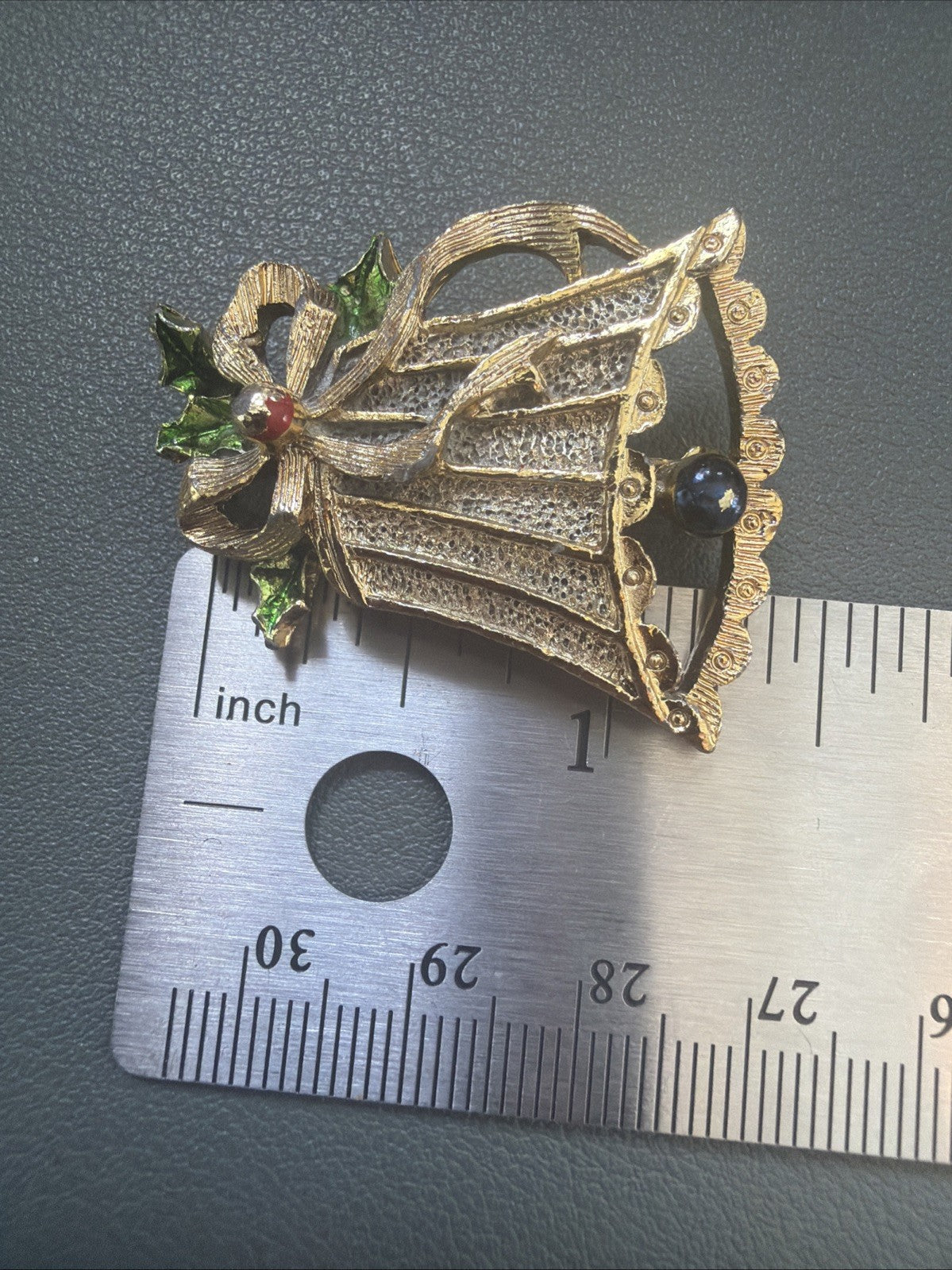 Vintage Gerry's Signed Christmas Bell Enamel Holly Holiday Gold Tone Brooch Pin