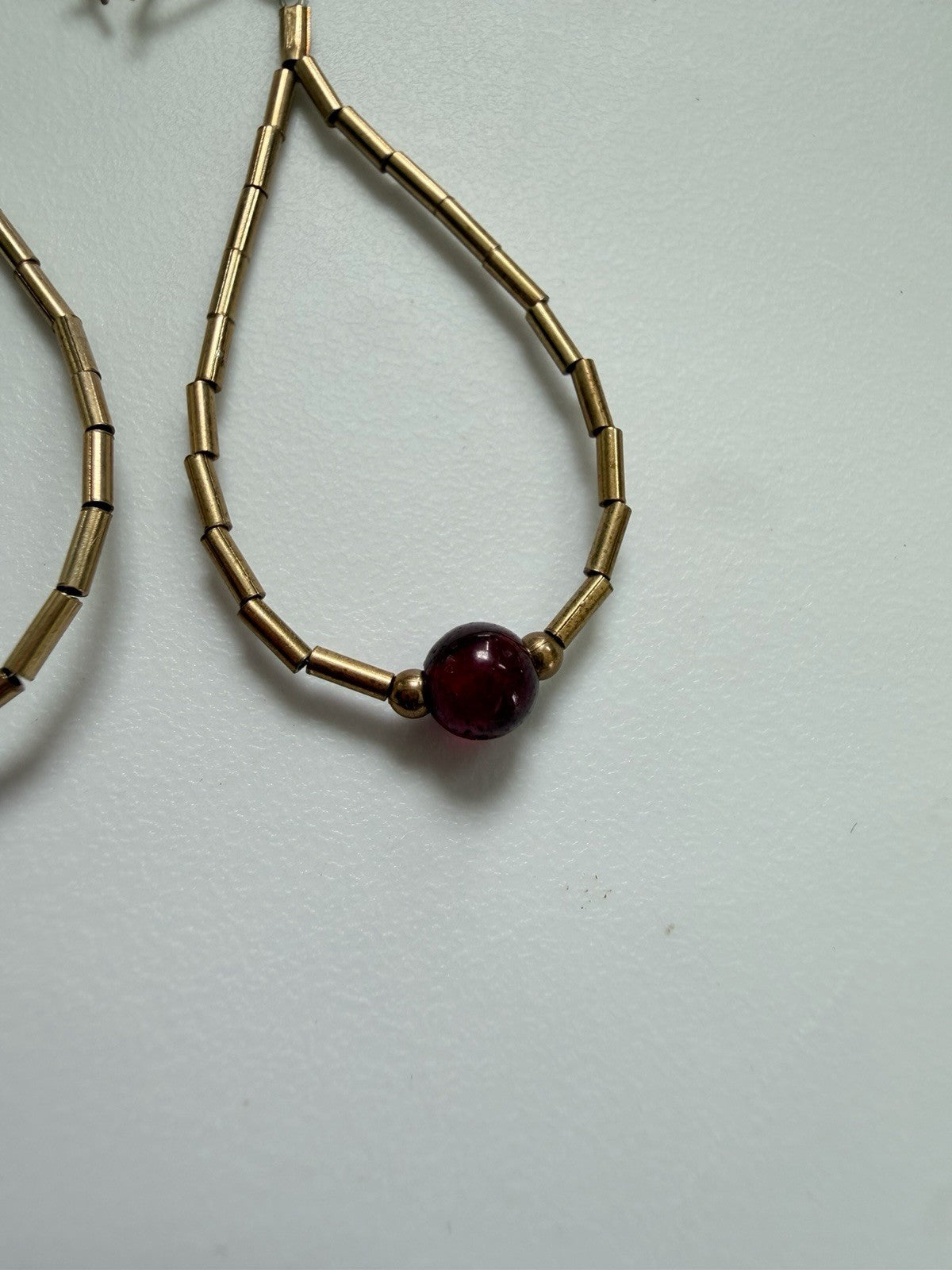 Vintage Gold Tone Garnet Bead Teardrop Dangle Earrings Navajo Liquid Metal Drop