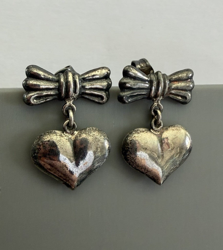 Vintage Adorable 925 Sterling Silver Hearts & Bow Dangle Puffy Earrings