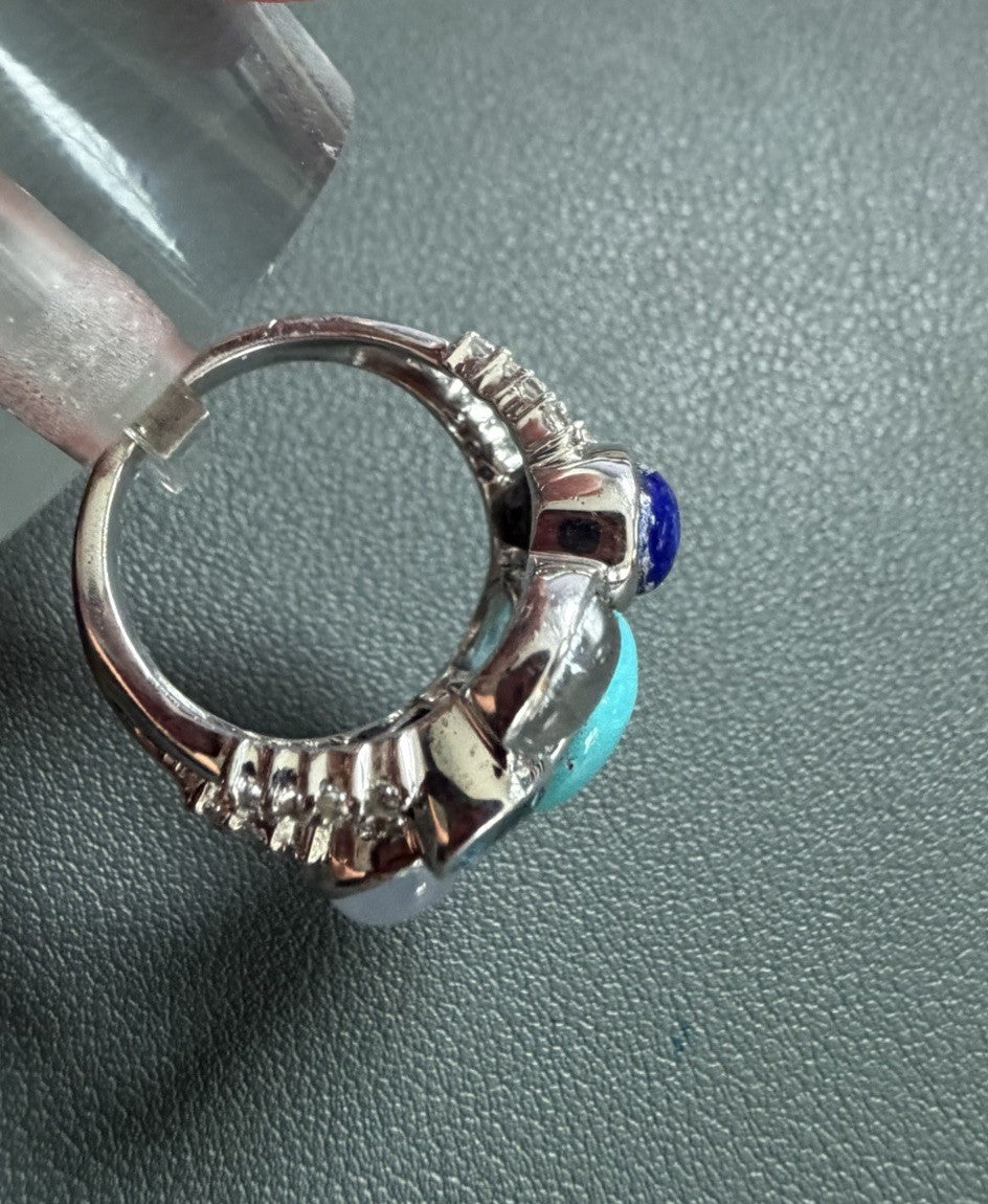 STERLING SILVER 925 NATIVE STYLE BIG TURQUOISE LAPIS MULTI GEMSTONE RING Sz8