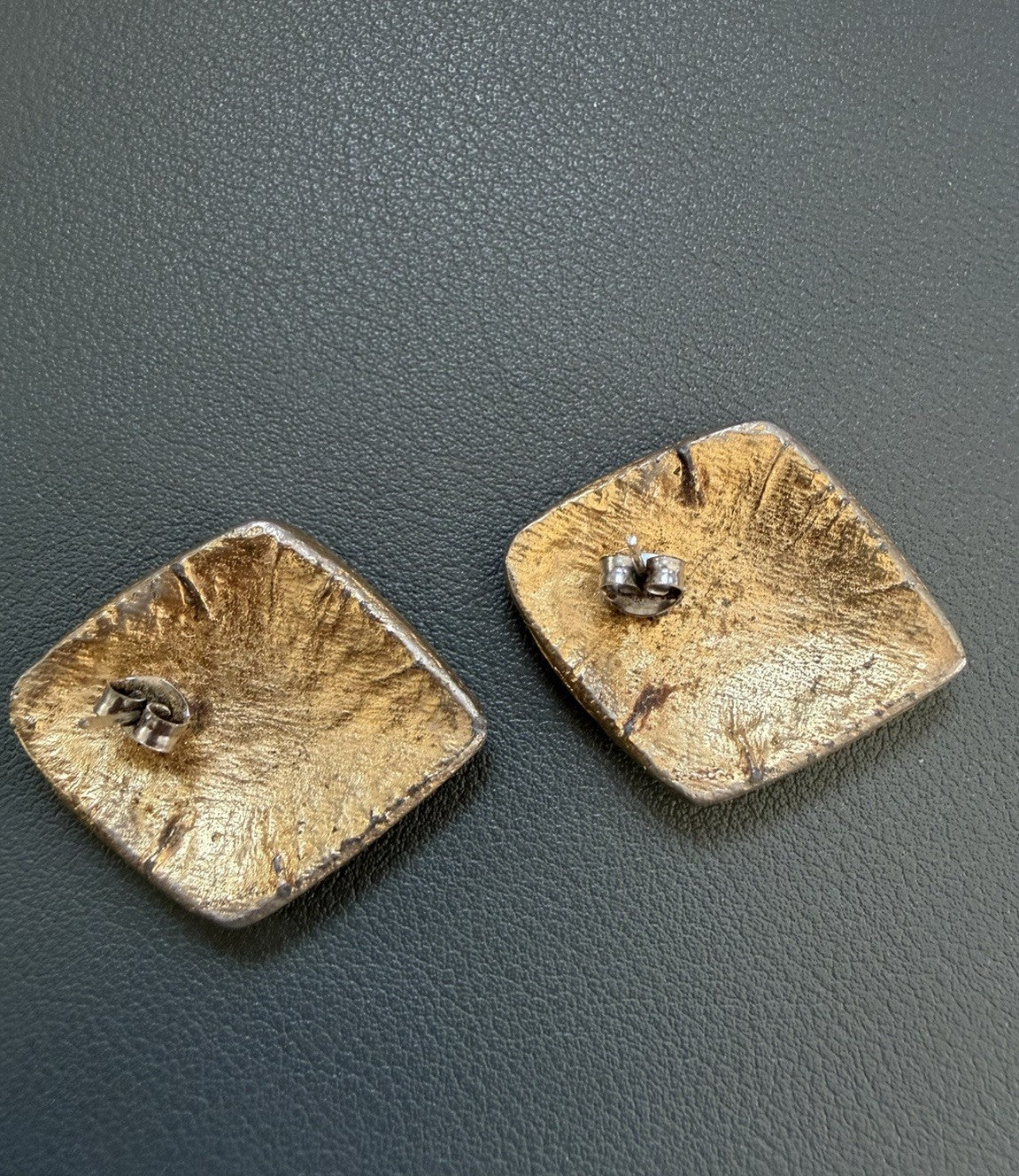 Vintage Chunky Black & Red Enamel Square Gold tone Stud Earrings