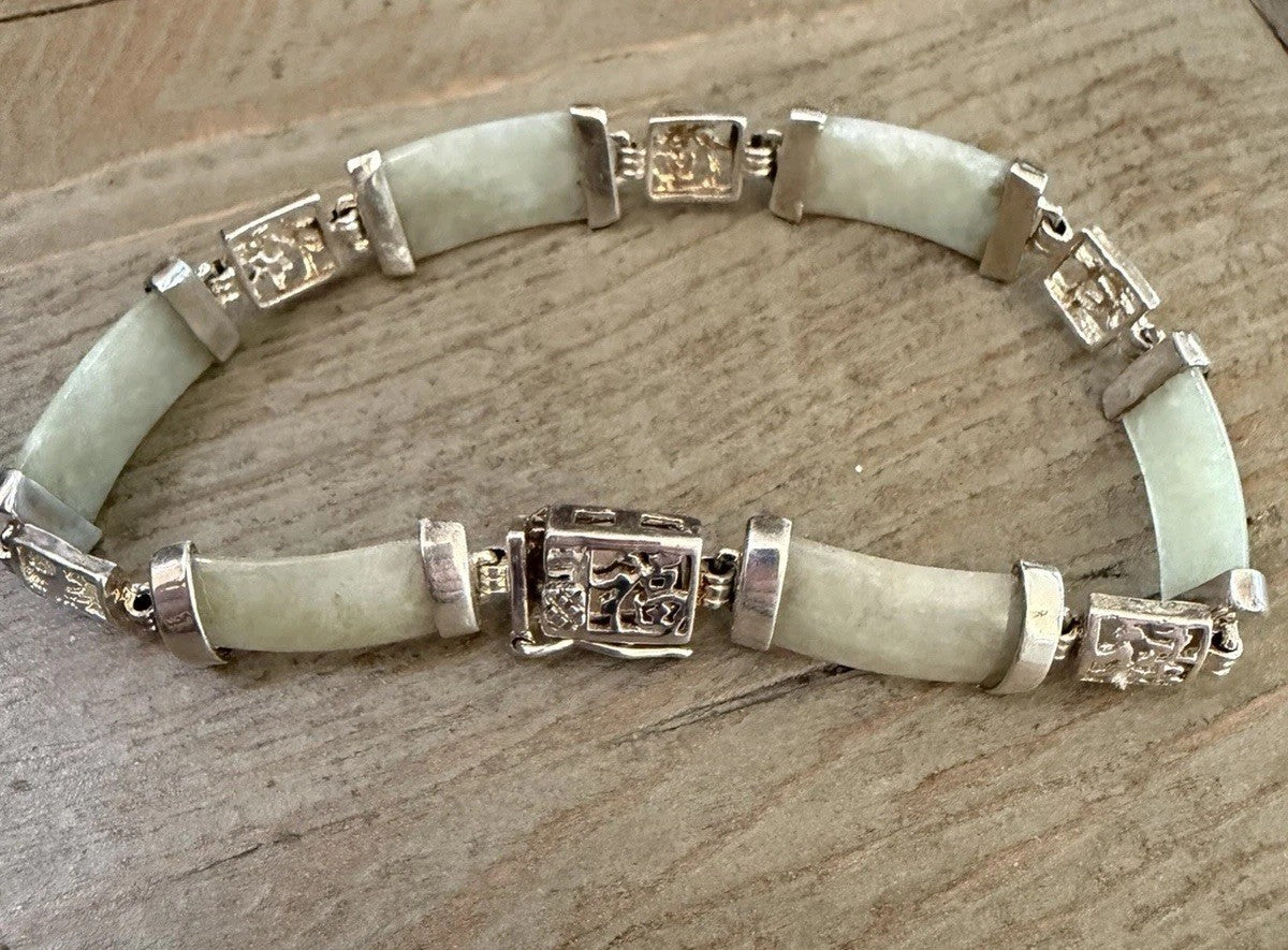 Vintage Sterling Silver 925 Light Green Jade Bracelet Panel Link - Signed DBJ