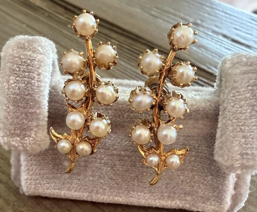 Vintage Gold Filled Earrings Grape/leaf Cluster 12K Simulated Pearl Screw Back