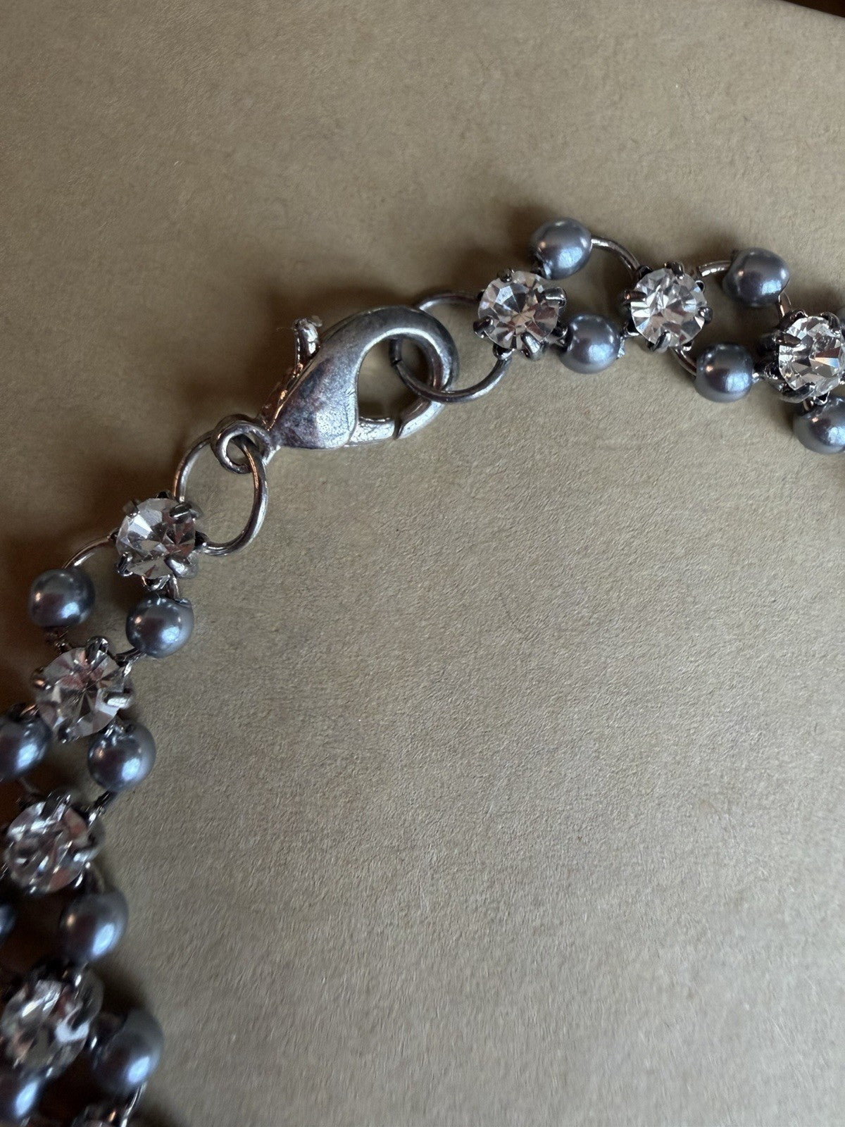 Vintage Silver Tone Gray Beaded Tennis Bracelet Clear Crystal Lobster Closure