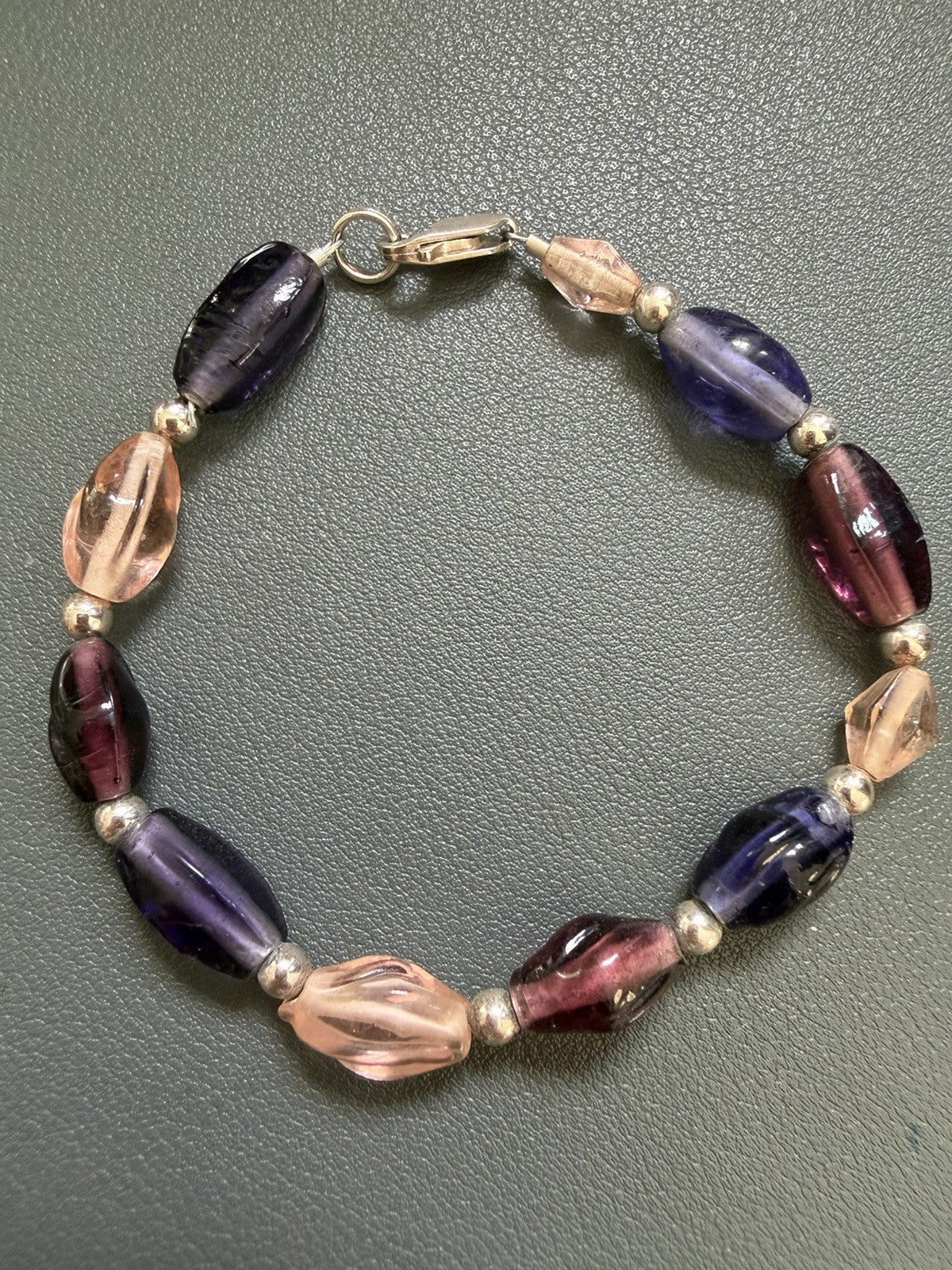 Vintage Sterling Silver-925-Chunky Purple Pink Lavender Stone Bracelet -7 Inch