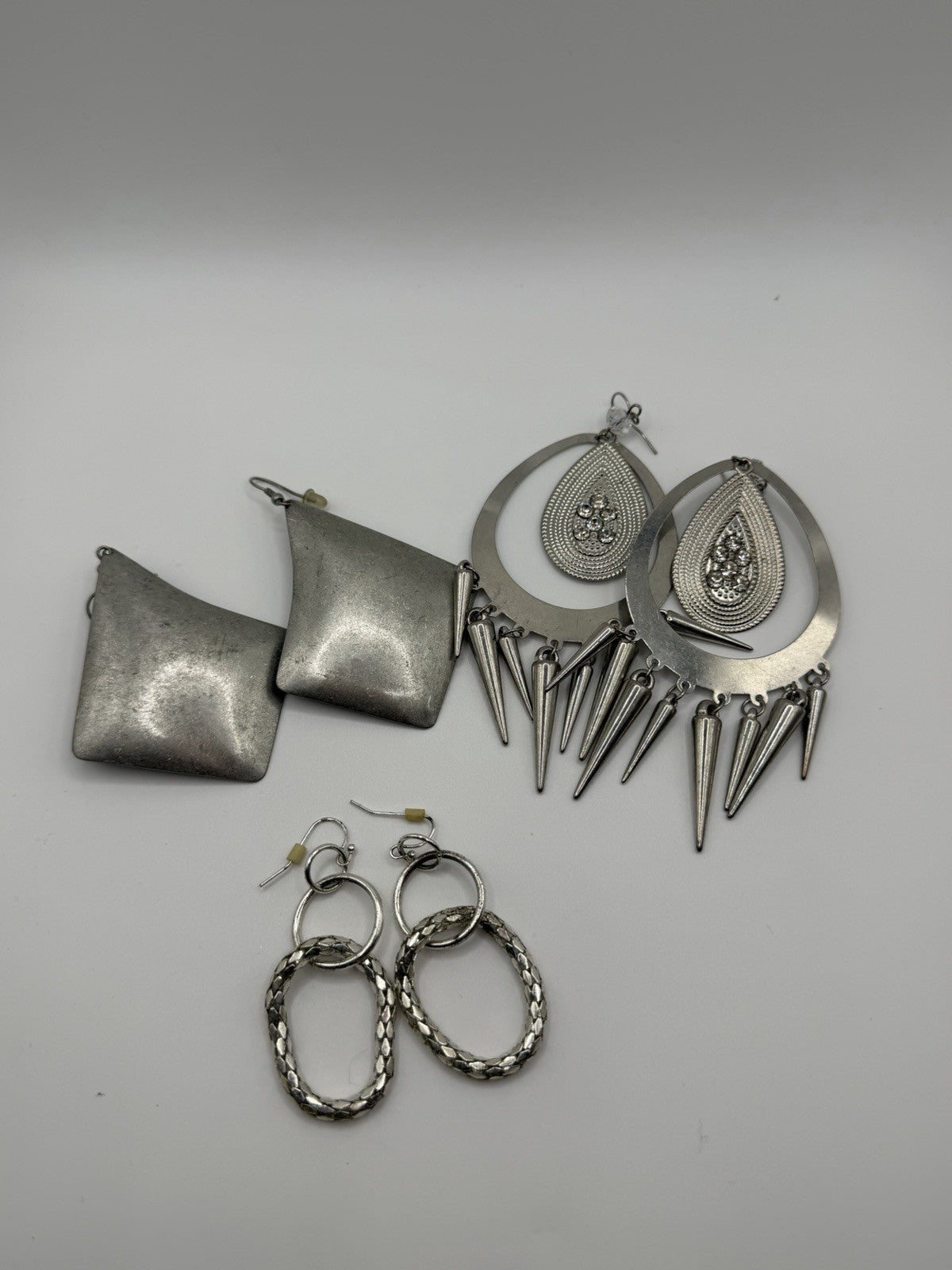 Lot Of 3 Silver Toned Statement Earrings Bundled Glam