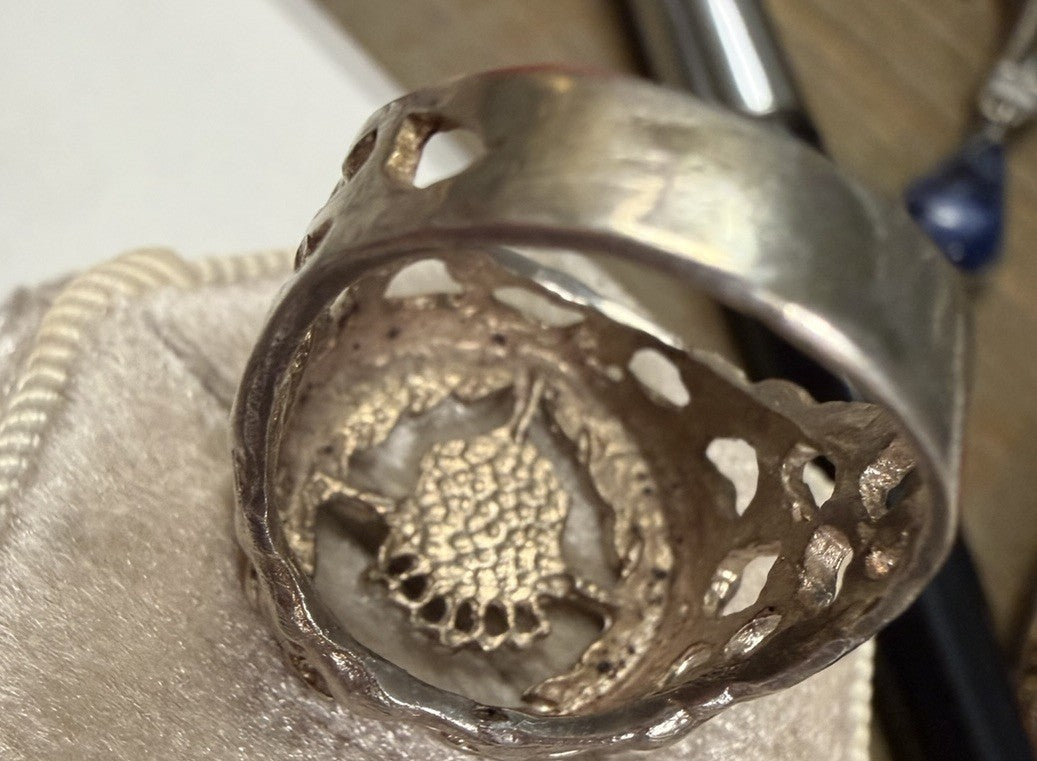 Vintage Silver Tone Laurel Wreath Crown Ring Unisex Raised Center Design