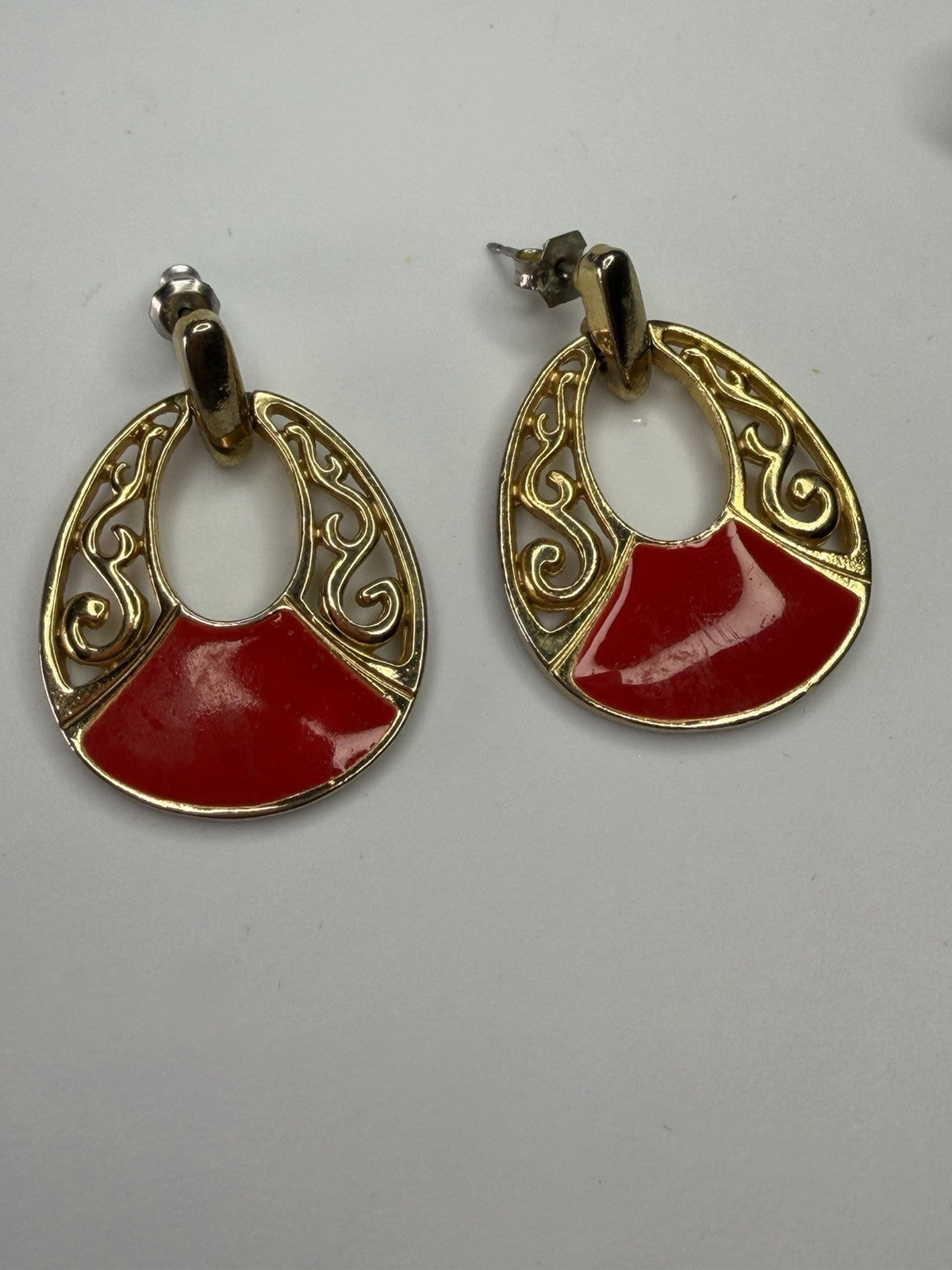 Vintage Filigree Drop Earrings Pierced Red Enamel Gold-Tone Earrings