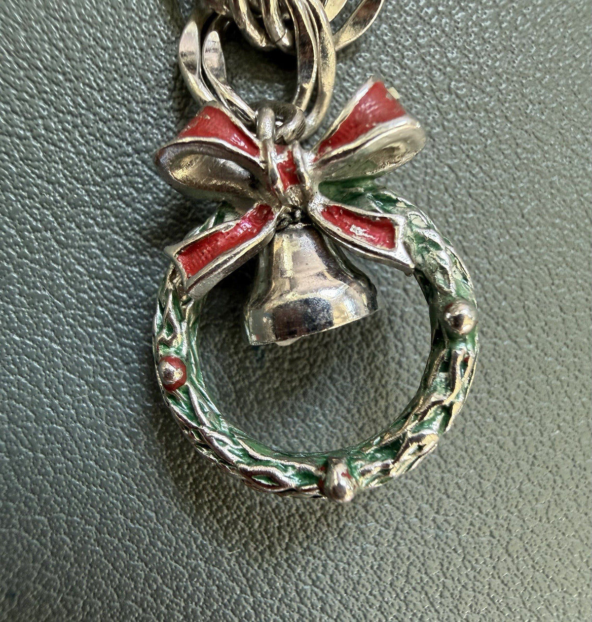 Vintage Sterling Silver Enamel Christmas Wreath With Bell Pendant 3/4”