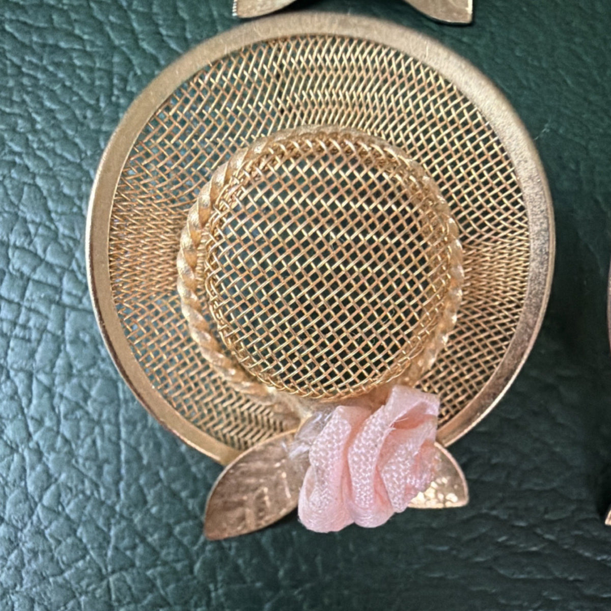 Vintage Retro Hat Stud Earrings Gold Tone  w/ Fabric Ribbon Rose