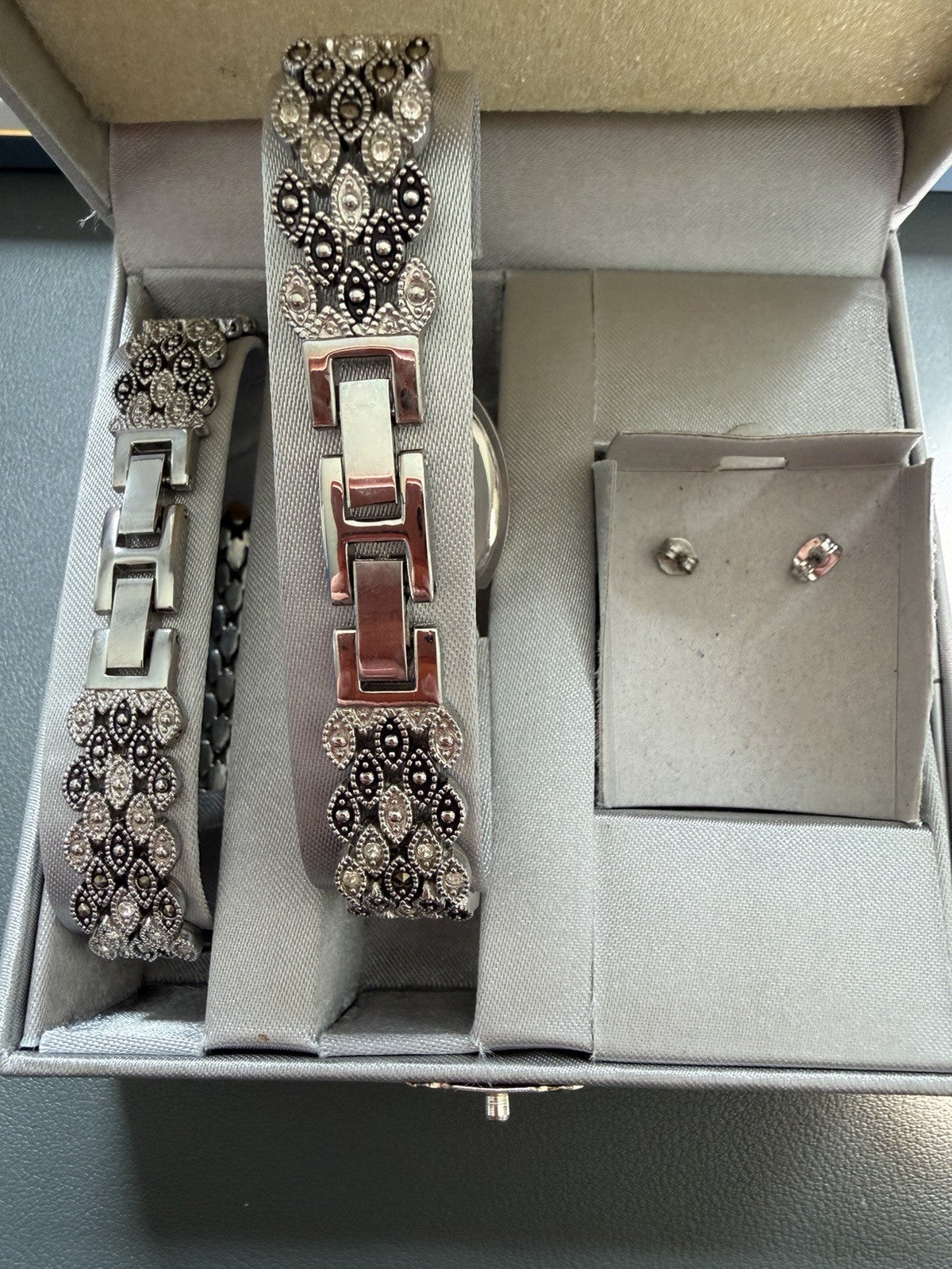 Gruen Crystal Watch Bracelet Earrings Matching Jewelry Set Silver Black