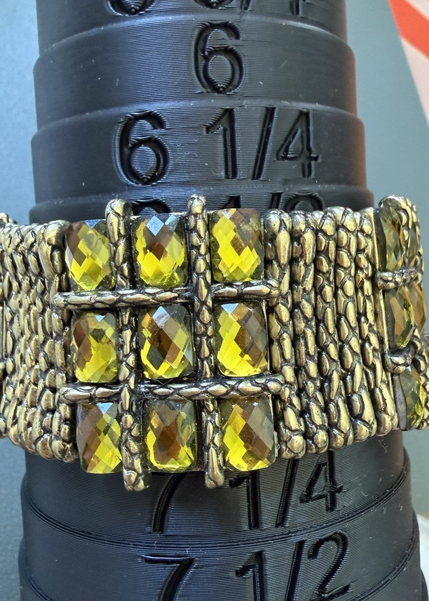 Signed Cuff Bracelet Antique Silver Tone Yellow Cushion Crystal