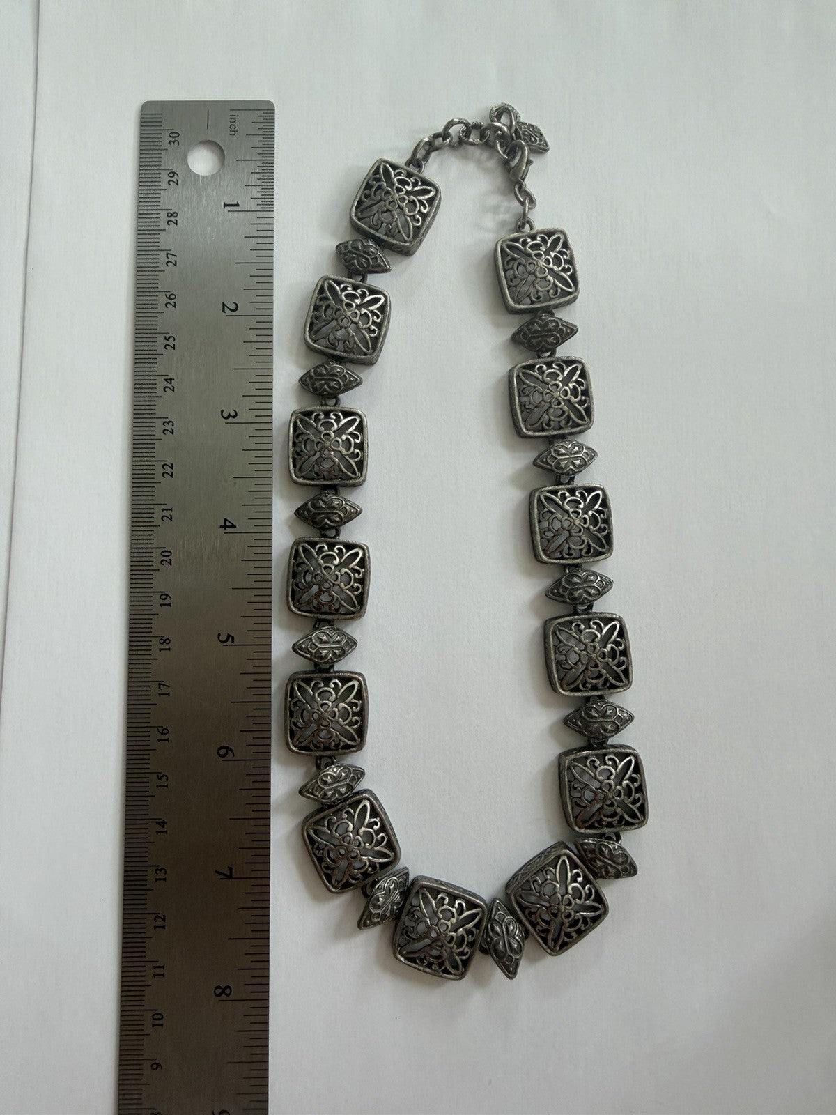 Vintage Anne Klein Necklace Chunky Silver Tone Square Floral Links 16 Inch