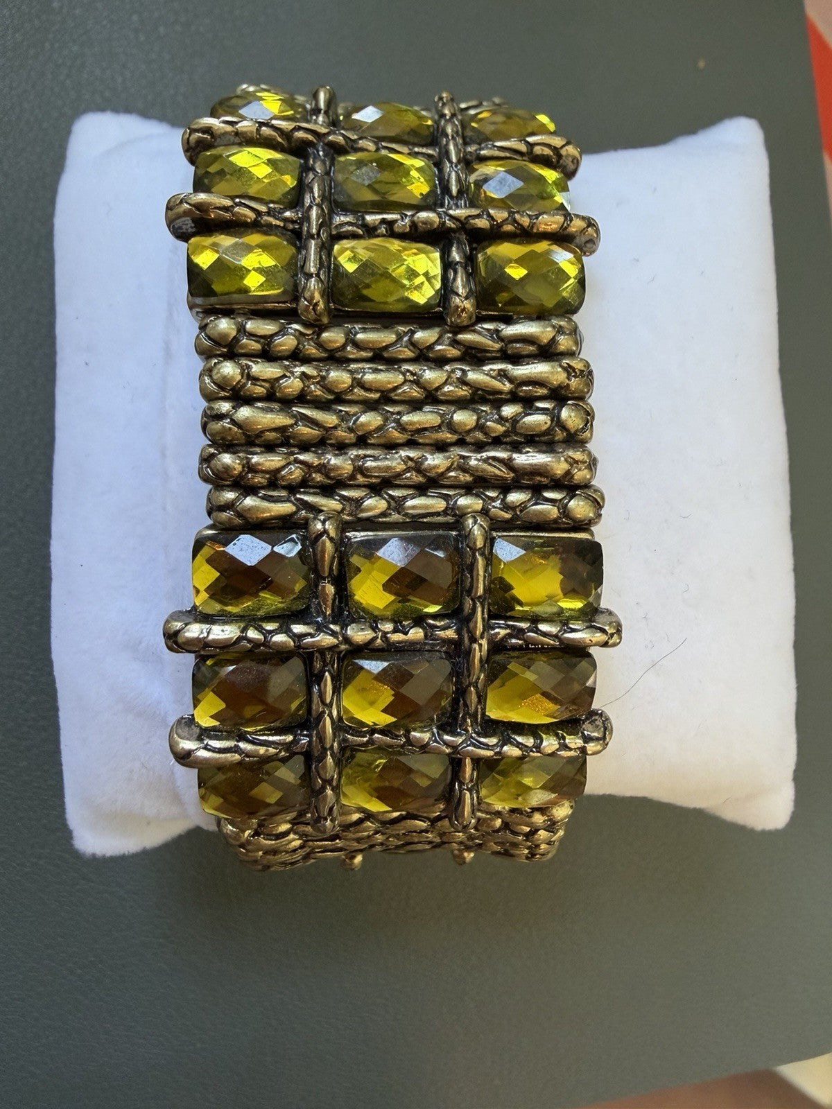 Signed Cuff Bracelet Antique Silver Tone Yellow Cushion Crystal