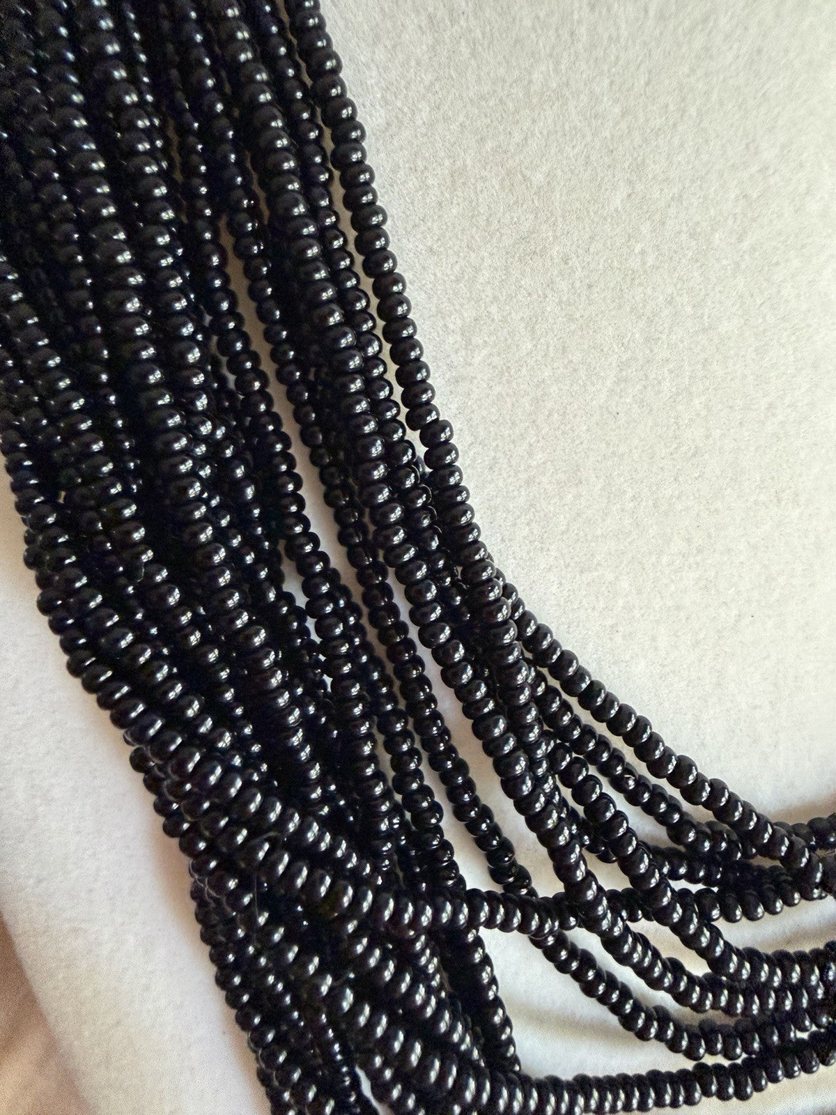 Black Glass Seed Bead Multi Strand Statement Necklace Earrings Set