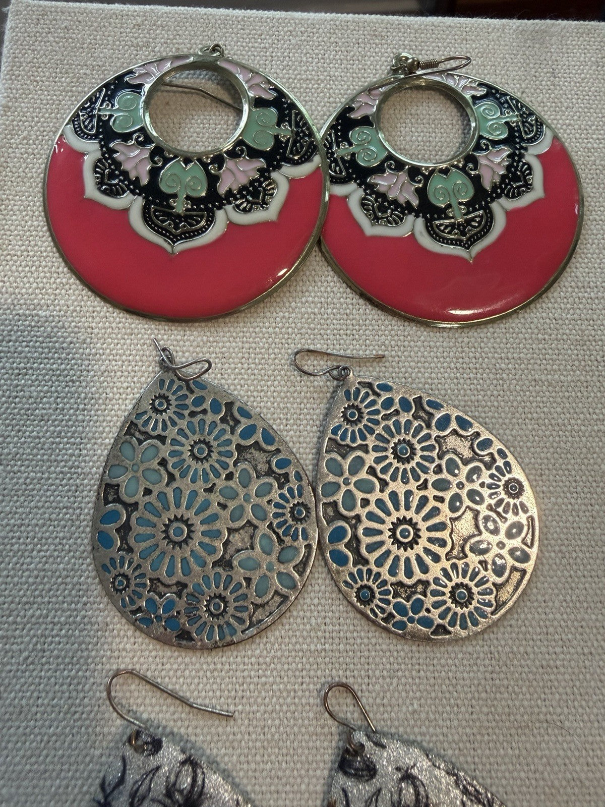 3 Pairs Boho Statement Dangle Earrings Floral Enamel Filigree Teardrop Lot