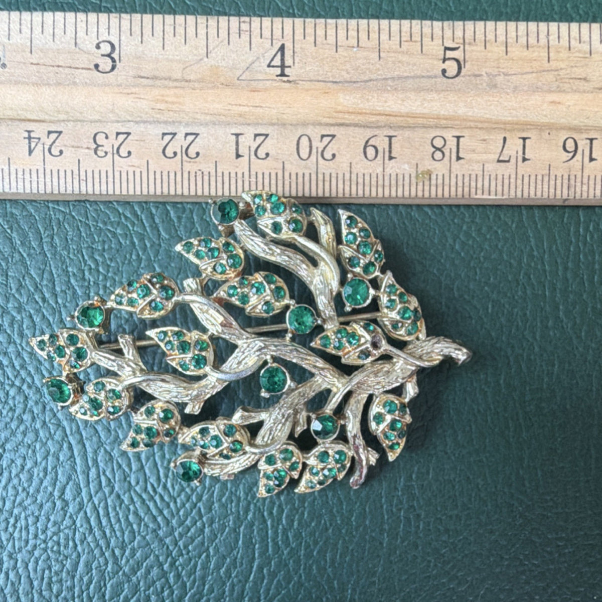 Vintage Green Rhinestone Leaf Brooch Pin Botanical Statement