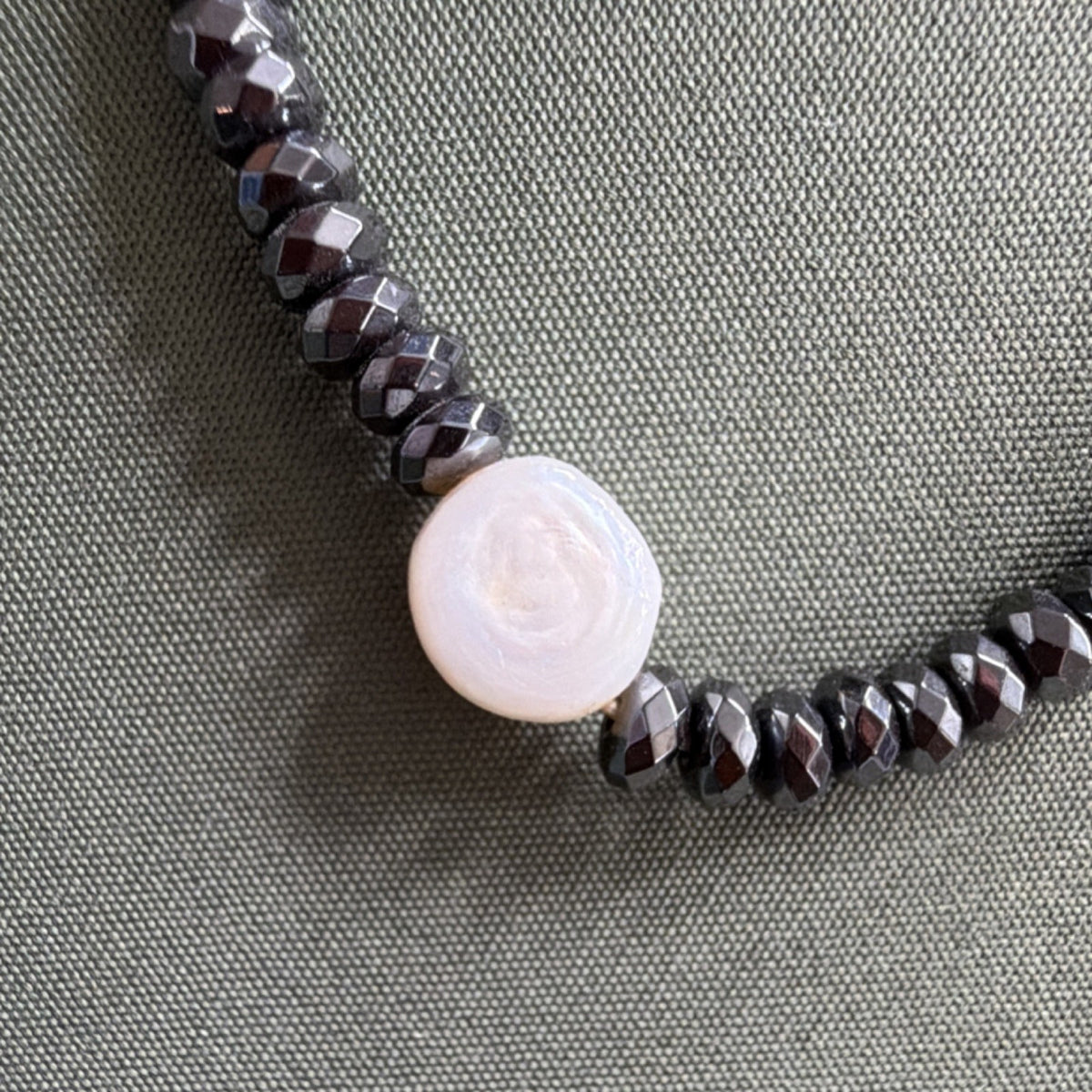 Hematite Stretch Bracelet with large Pearl White  Accent 7" 