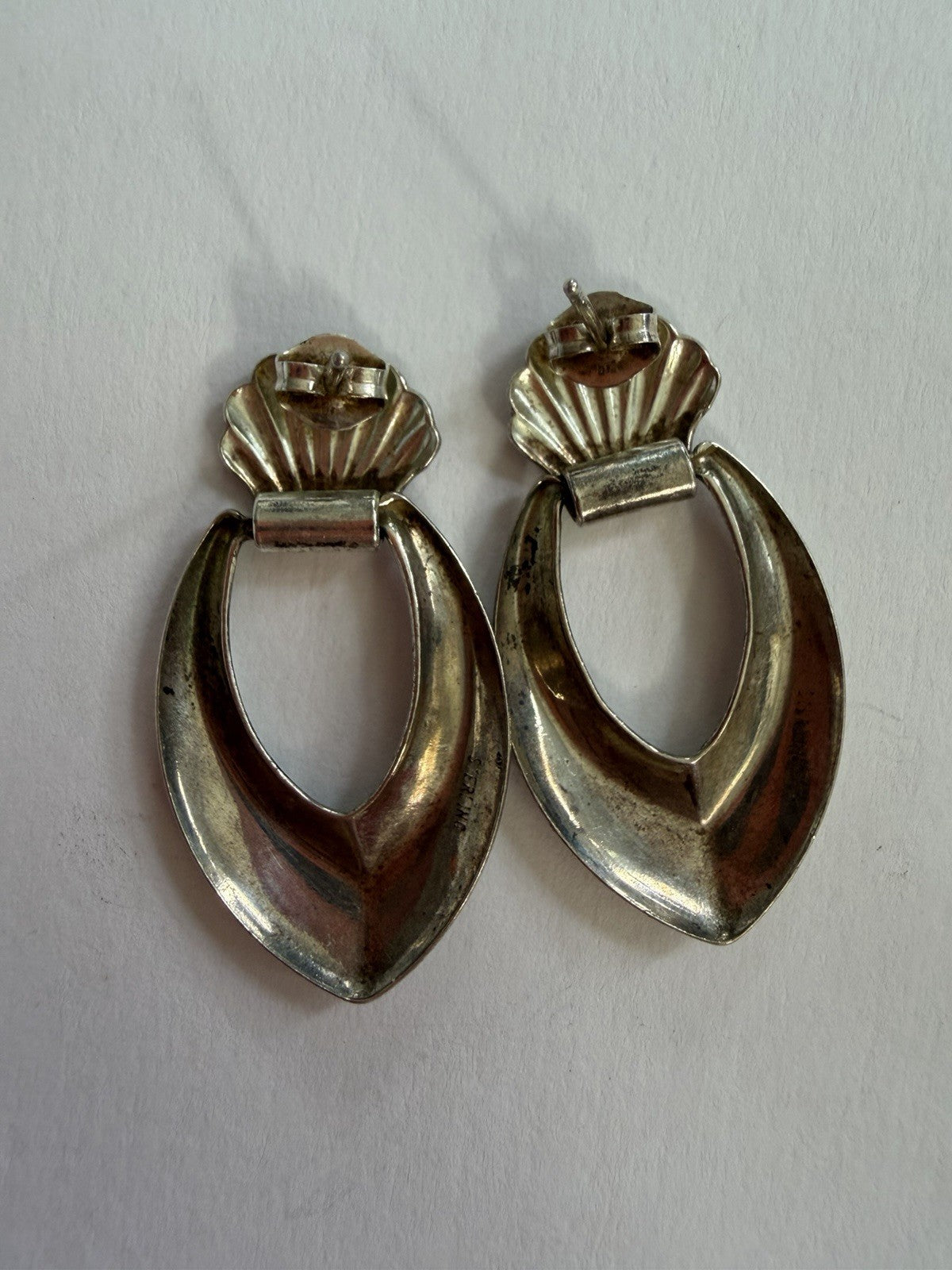 Vintage Navajo Style  Sterling Silver Scallop Shell Door Knocker Dangle Earrings
