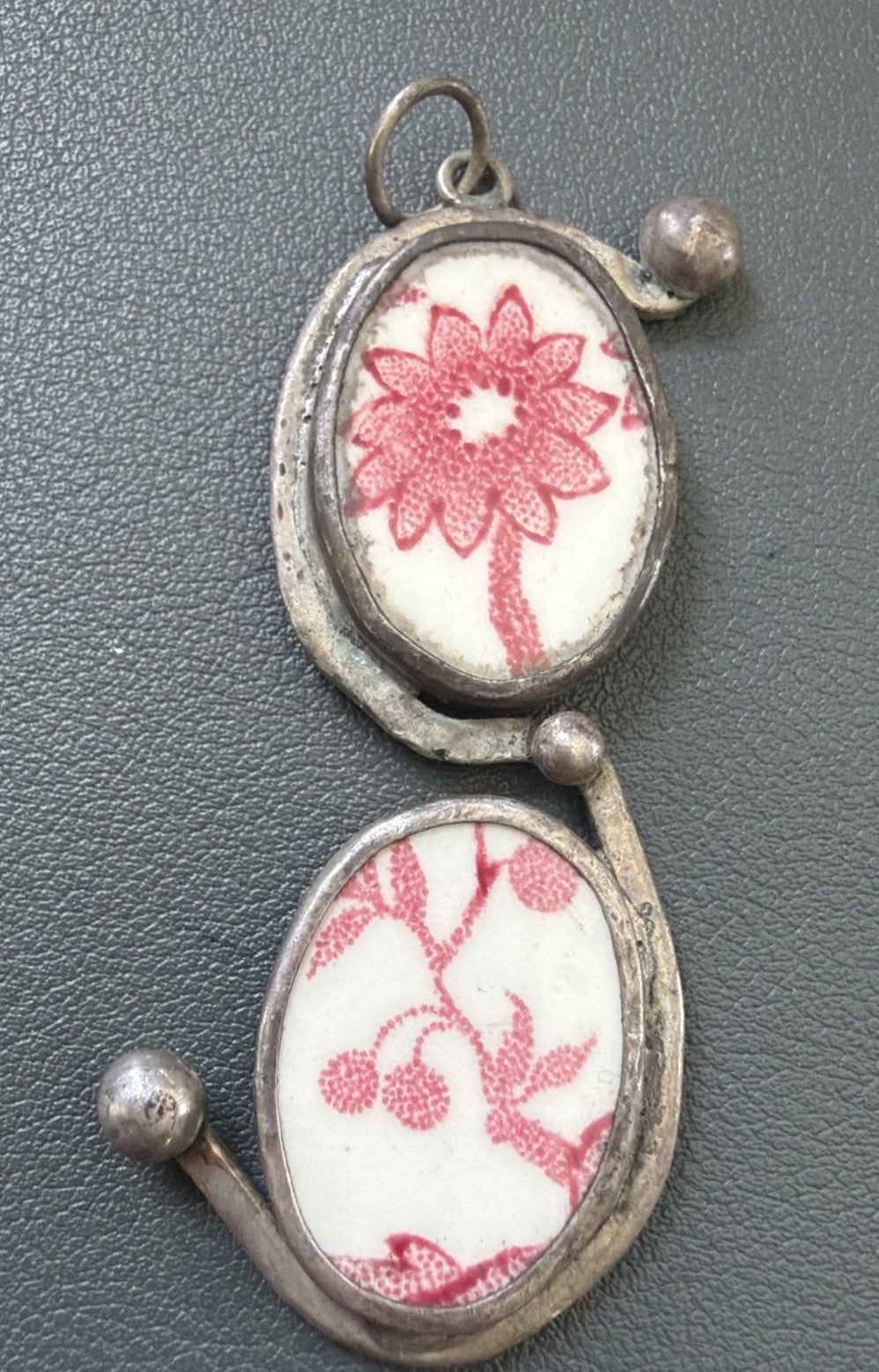 Pink White Chaney Porcelain China Flower Sterling Silver Pendant St Croix, USVI