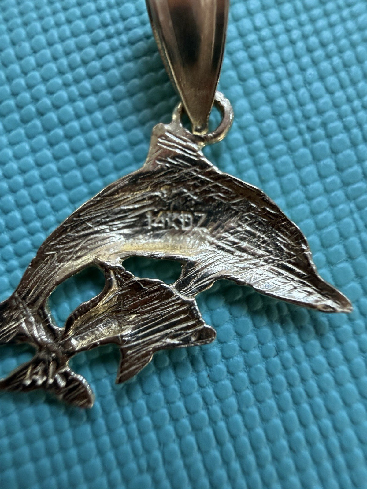 Beautiful Solid 14k Yellow Gold Double Dolphin Mom & Child Pendant Signed
