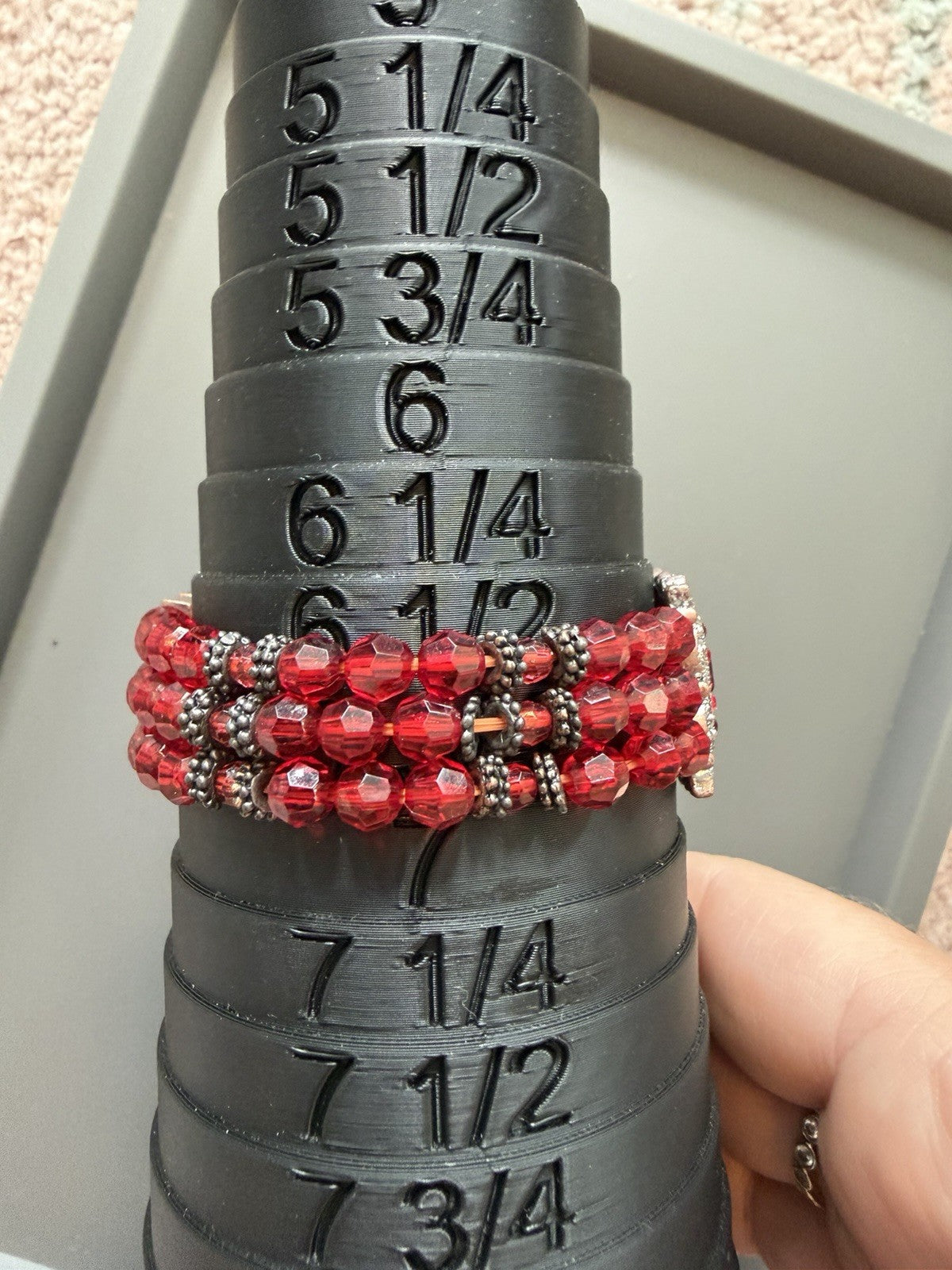 Red Beaded Glass Bracelet Stretch Ornate Metal Accent Square - Art Deco Style