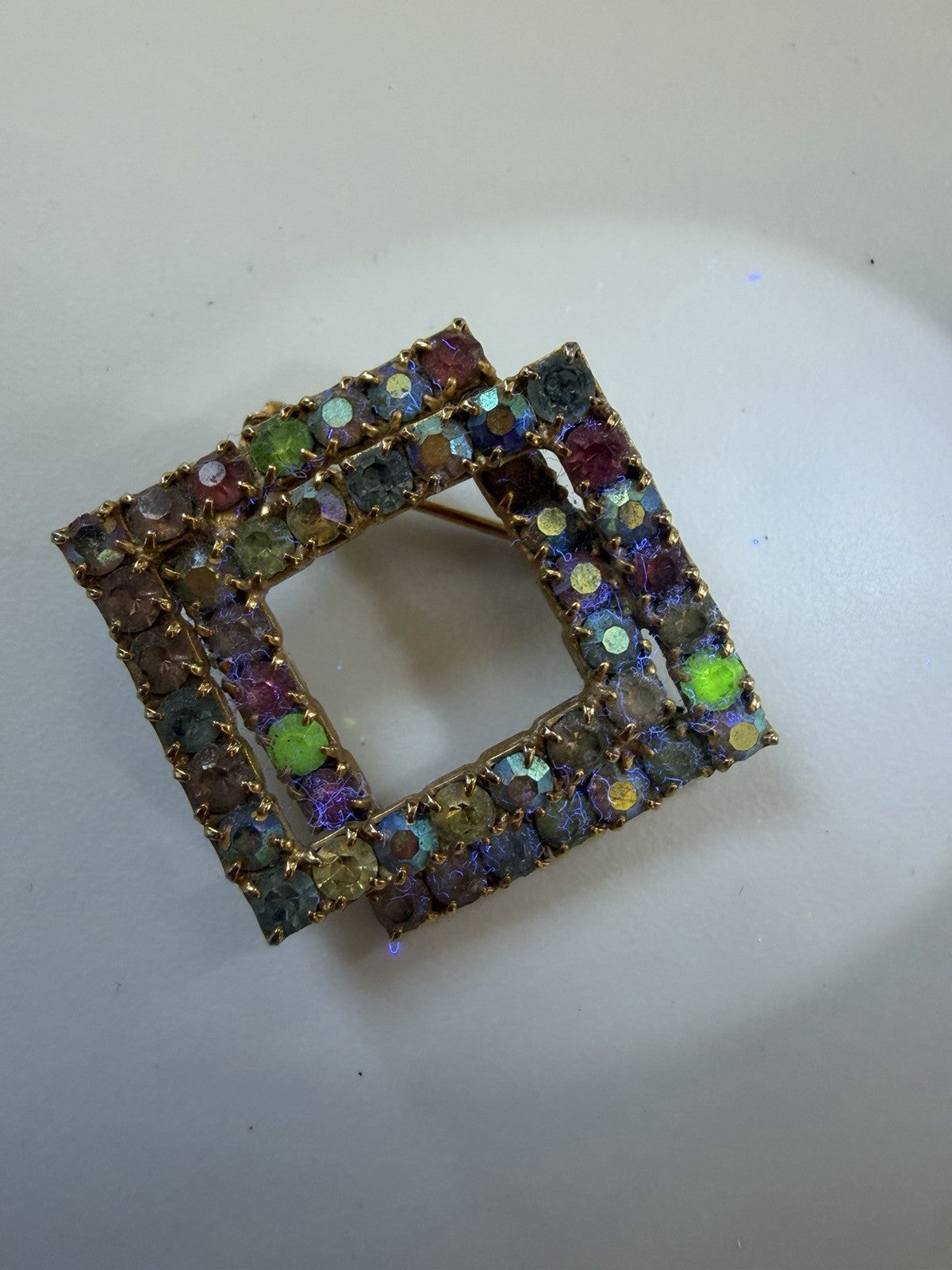 Vintage Geometric Double Square Rhinestone Brooch *some glow*