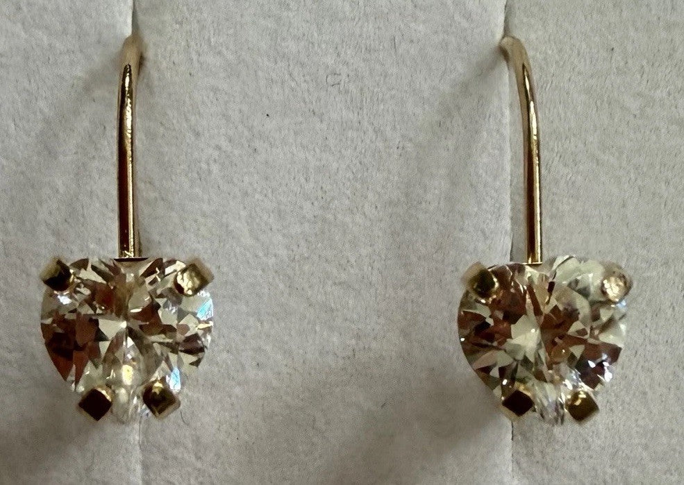 14k Solid Yellow Gold Leverback Earrings CZ Hearts Signed Dangle Drop