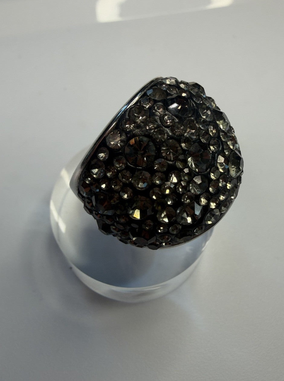 Large Domestyle cocktail ring Pave Set dark grey crystals Signed Stainless Steel