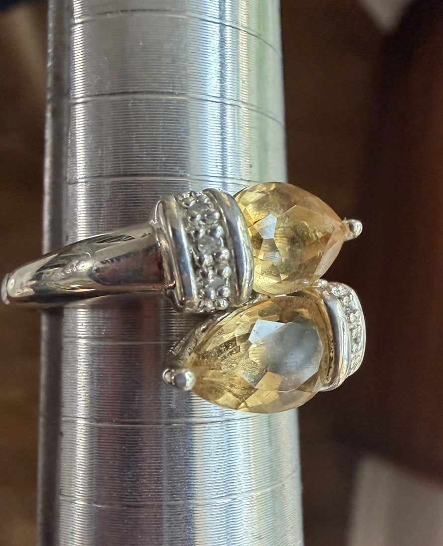 Designer Signed Two Teardrop Citrine Bypass Ring 925 Sterling Silver - Size 8