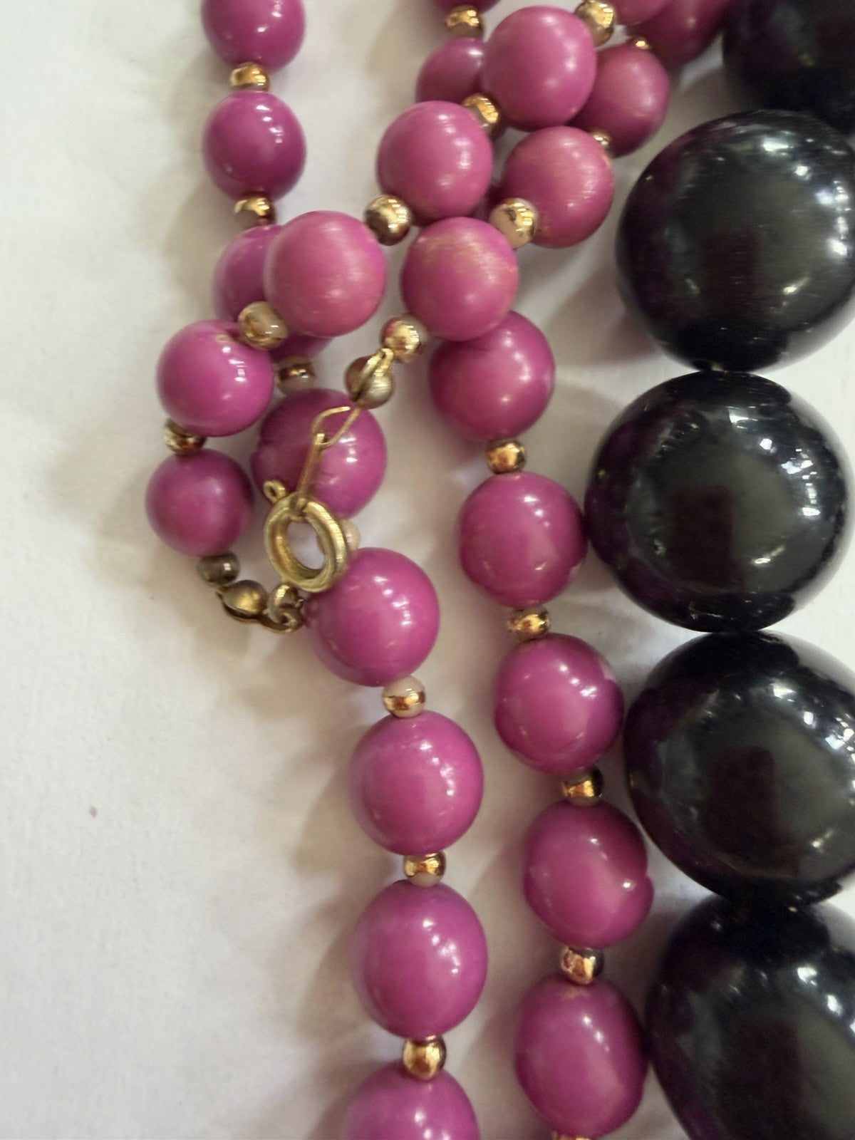 Vintage Graduated Statement Beaded Necklace Lot Purple & Black Round Beads 2 Pc
