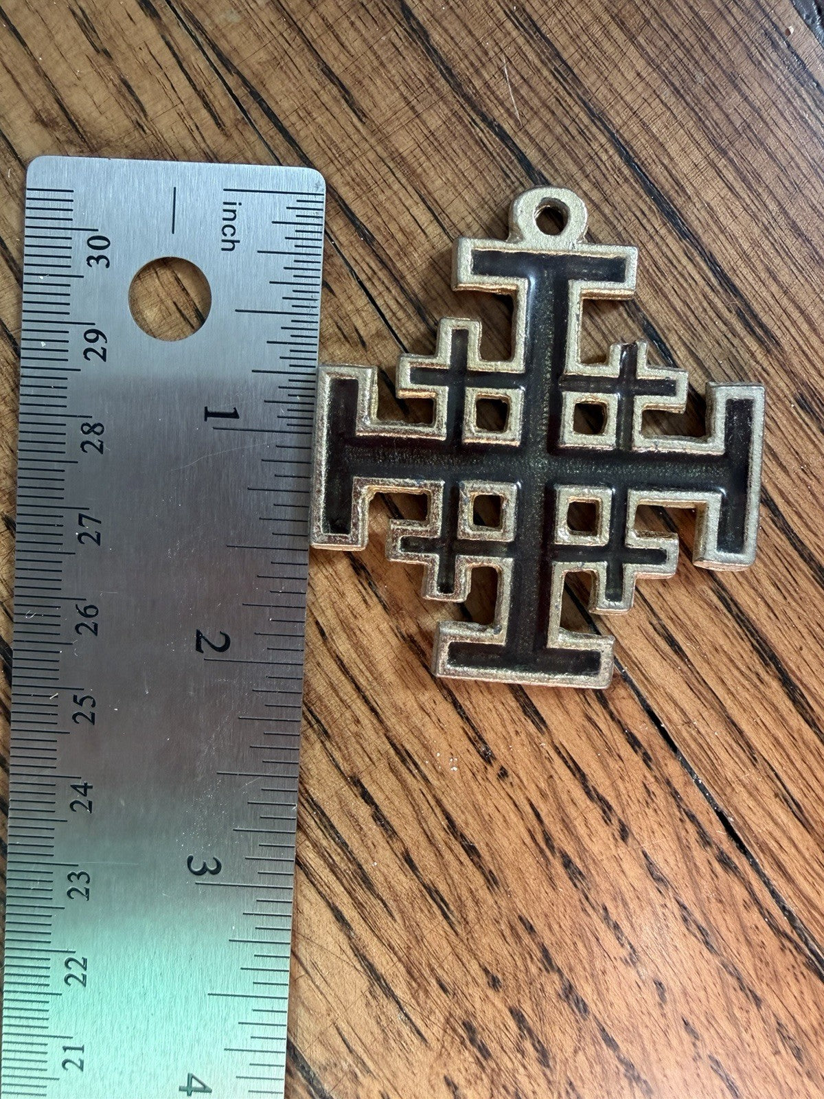 Vintage Jerusalem Cross Pendant Large Gold Tone Green Enamel Holy Land Christian