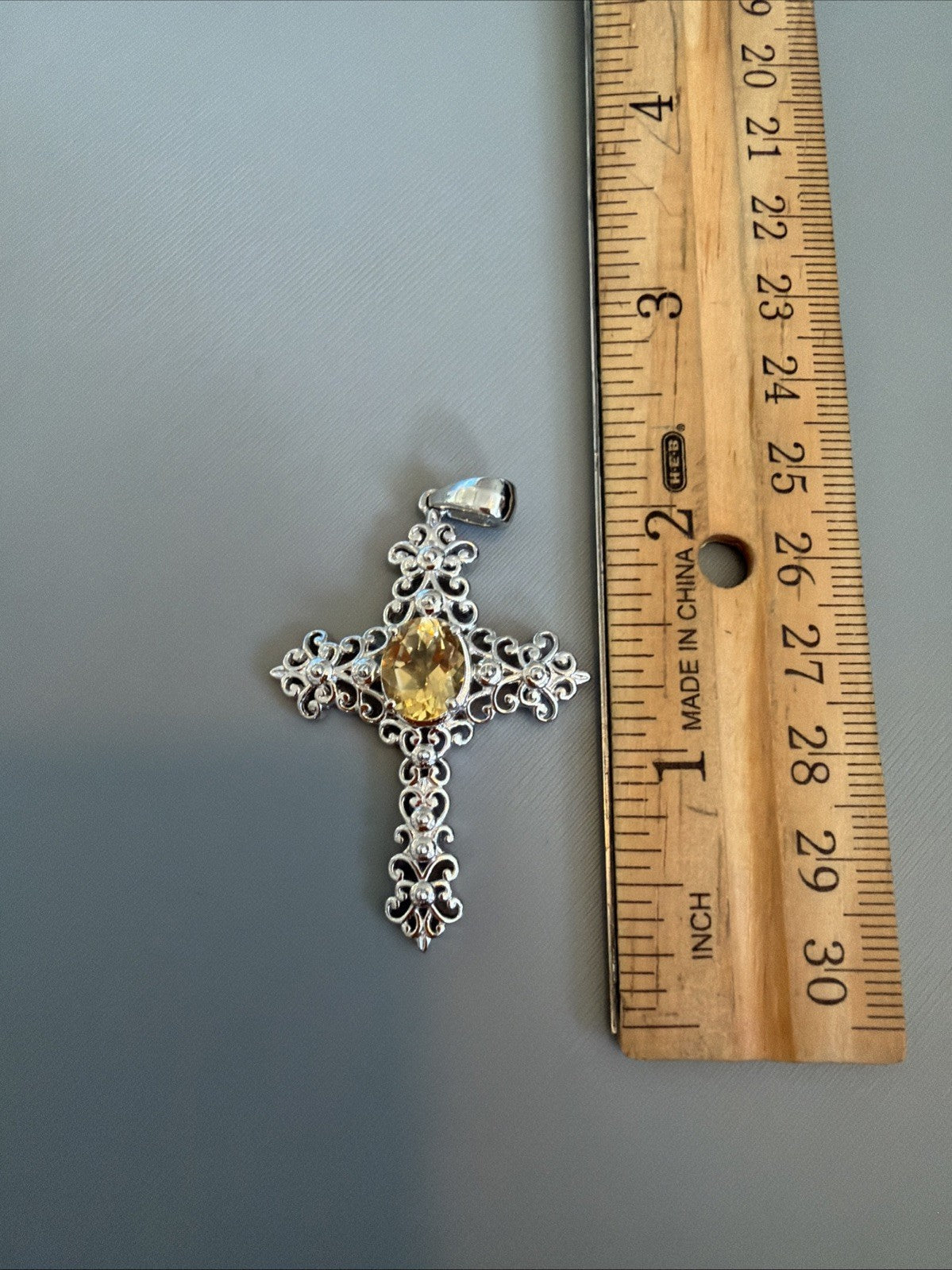 STS Karis Silver Tone Filigree, Golden Yellow Citrine CROSS Pendant