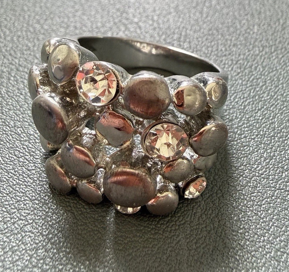 Silver Tone Cluster Cocktail Ring White  Crystal Rhinestone Size 7.25
