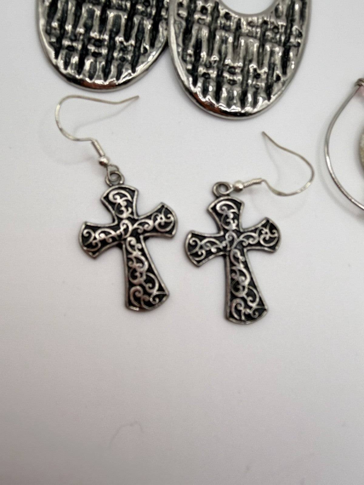 Lot Of 3 Silver Toned Religious Cross Earrings - Bundled