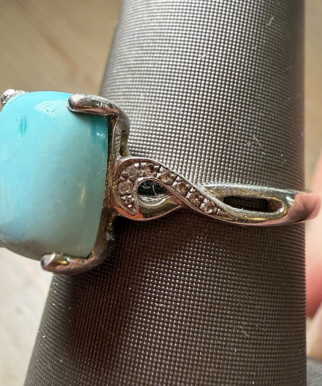 Sterling Silver Cushion-Cut Turquoise Diamond Ring by Gemologica Sz 9.75-10