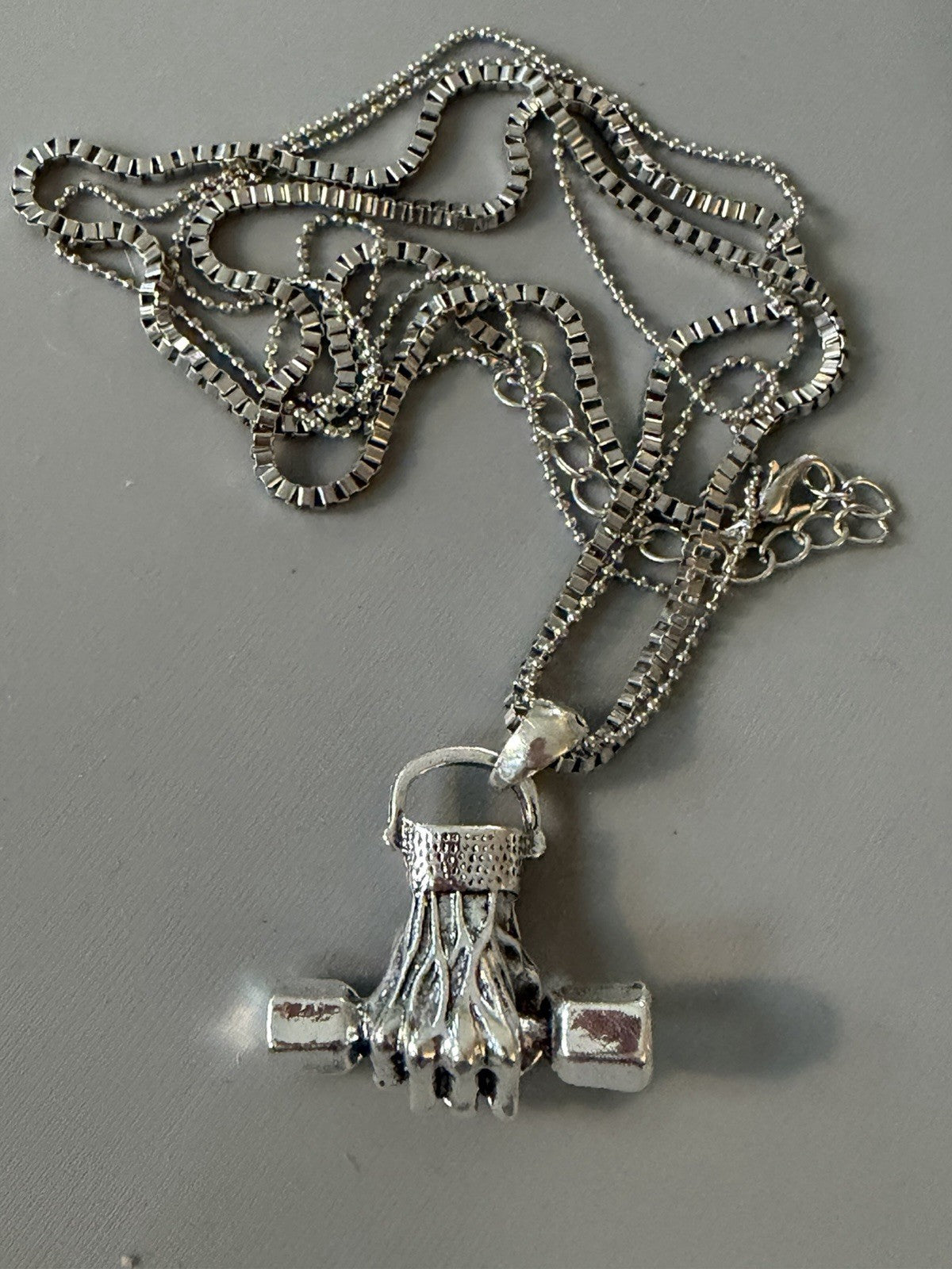 Dumbell Hand Pendant Silver Toned Weightlifting CrossFit Bodybuild