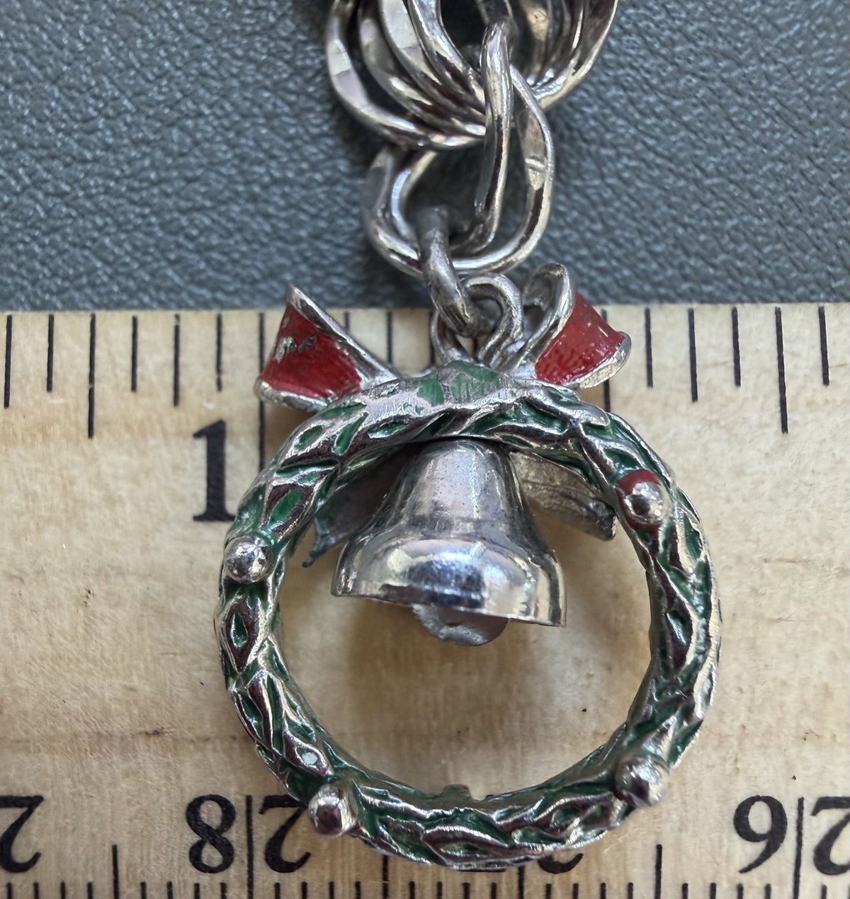 Vintage Sterling Silver Enamel Christmas Wreath With Bell Pendant 3/4”