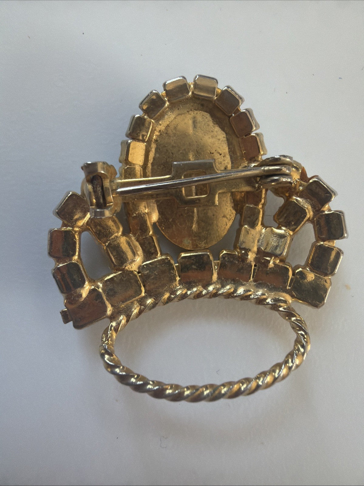 Vintage Gold Toned Pearl & Rhinestone Mary Crown Brooch