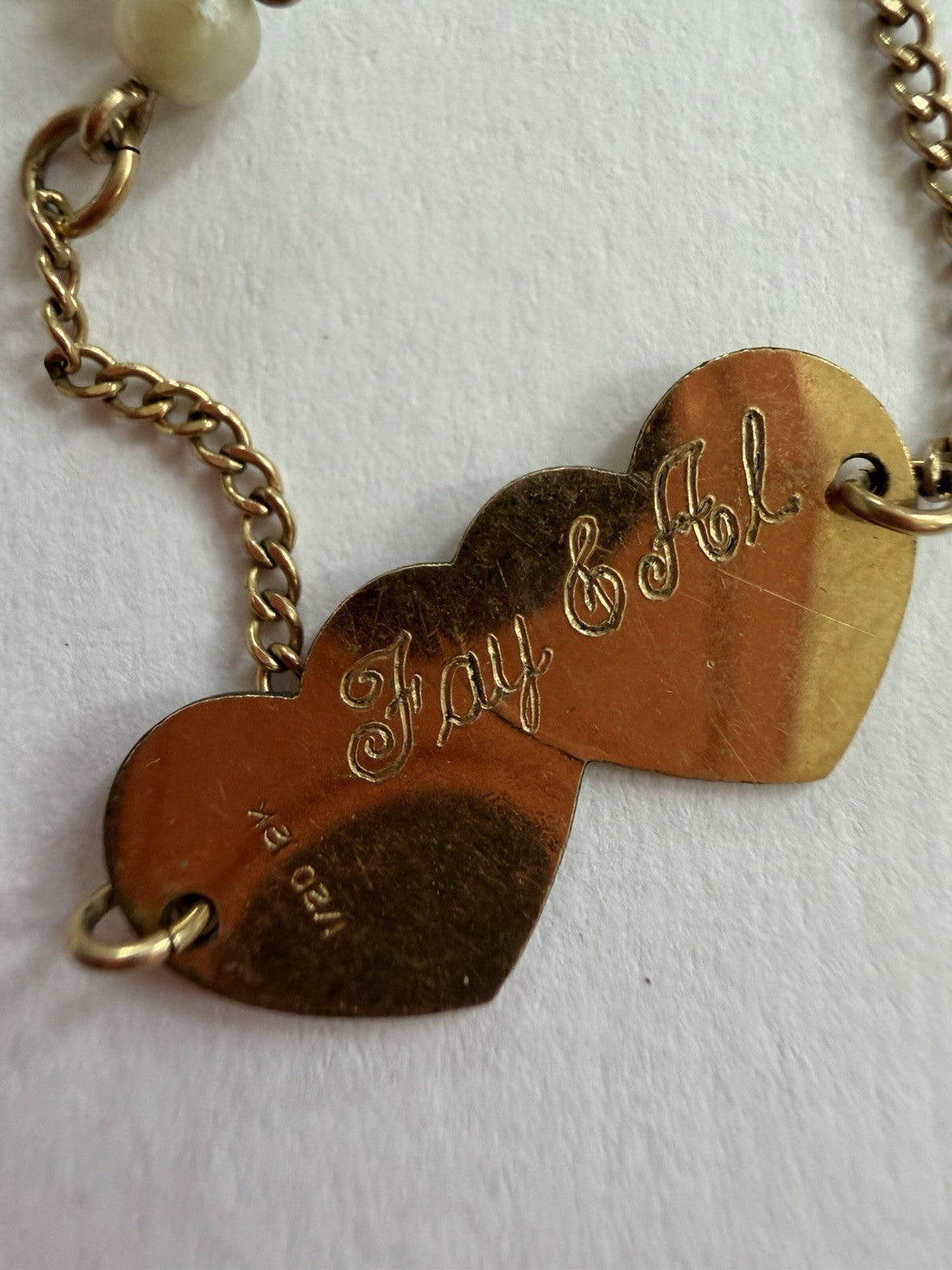 Double Heart And Pearl  Vintage 12k Gold Filled 9" “Fay & Al”