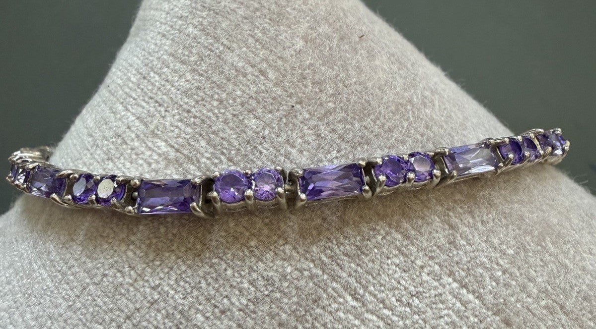 Estate Sterling Silver 925 Amethyst Tennis Line Style Bracelet 7.25”