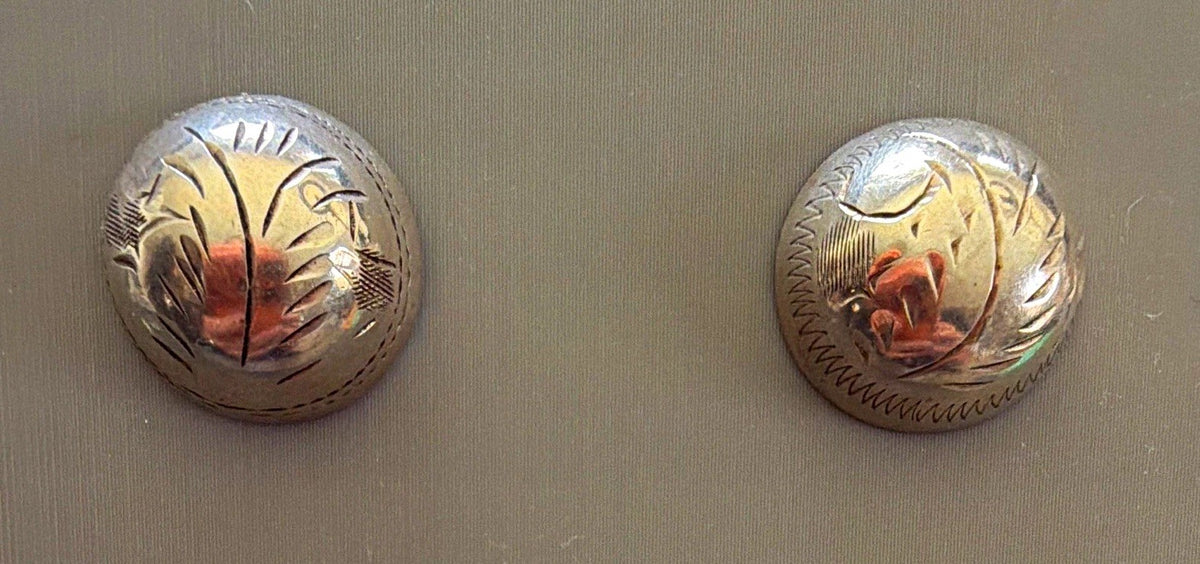 Vintage Sterling Silver 925 Round Dome detailed etch Engraved Stud Earrings 
