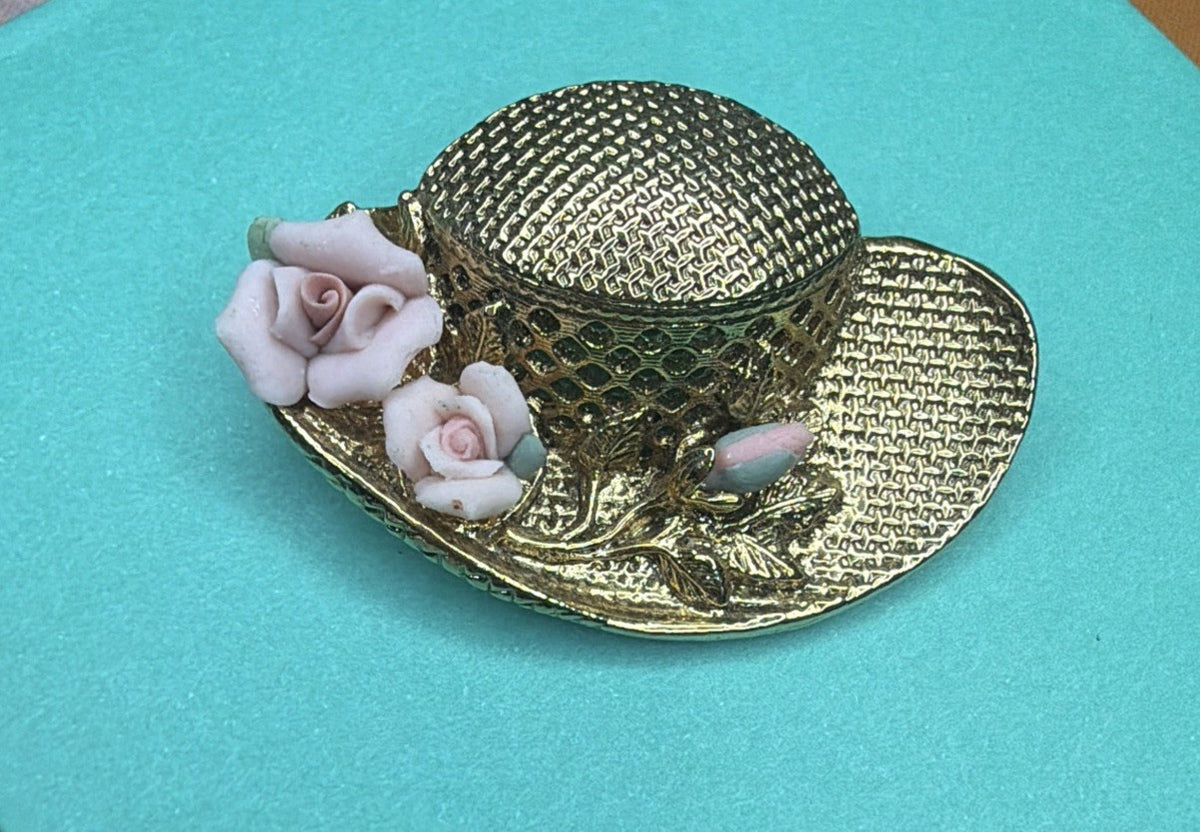 Vintage Style Hat Pink Rose on Gold Tone Brooch Signed 1928