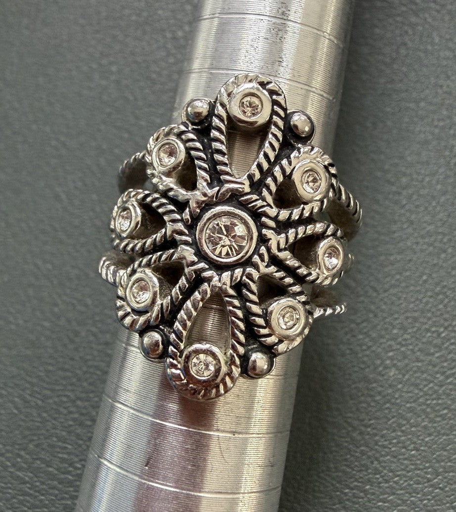 Premier Designs Naomi Silver-Tone Twisted Rope Crystal Flower Ring Sz 7