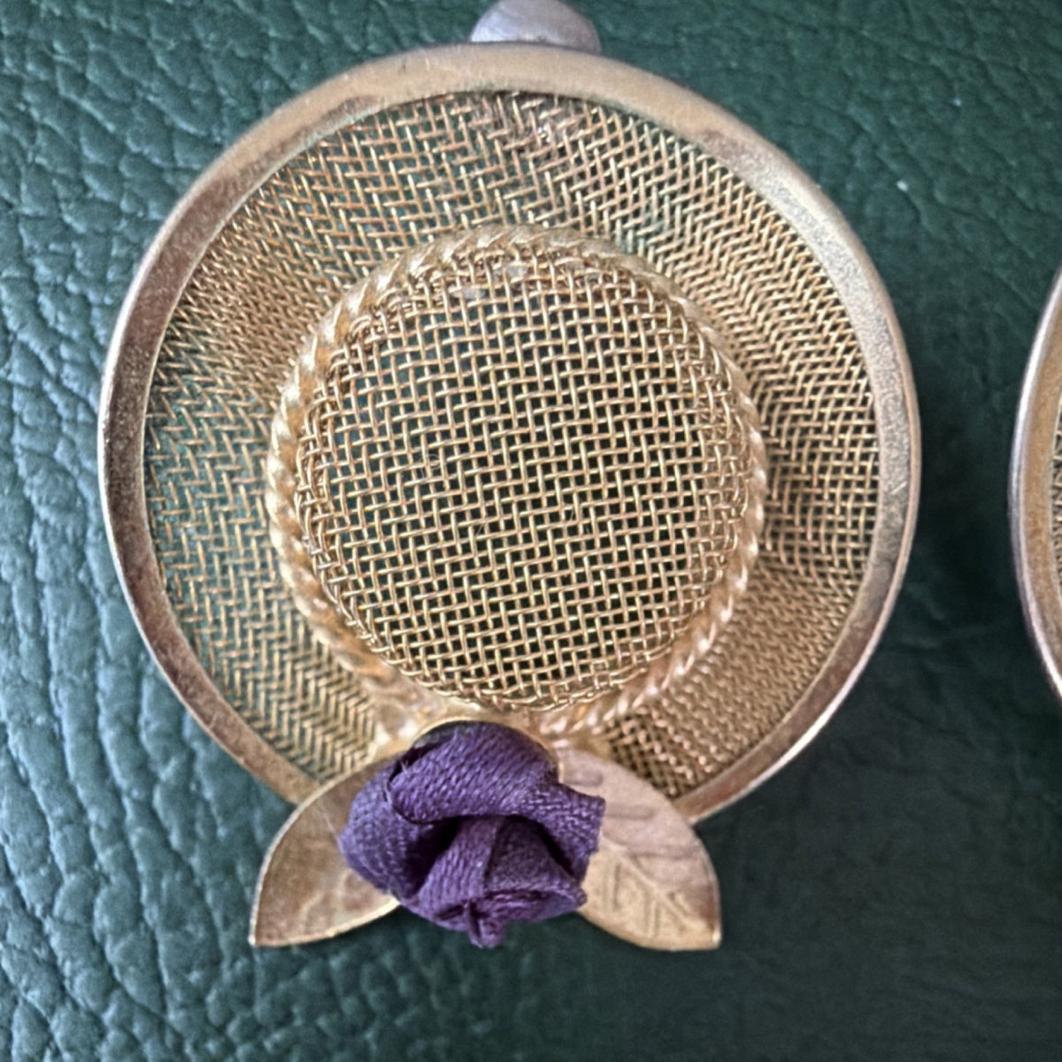 Vintage Retro Hat Stud Earrings Gold Tone  w/ Fabric Ribbon Rose